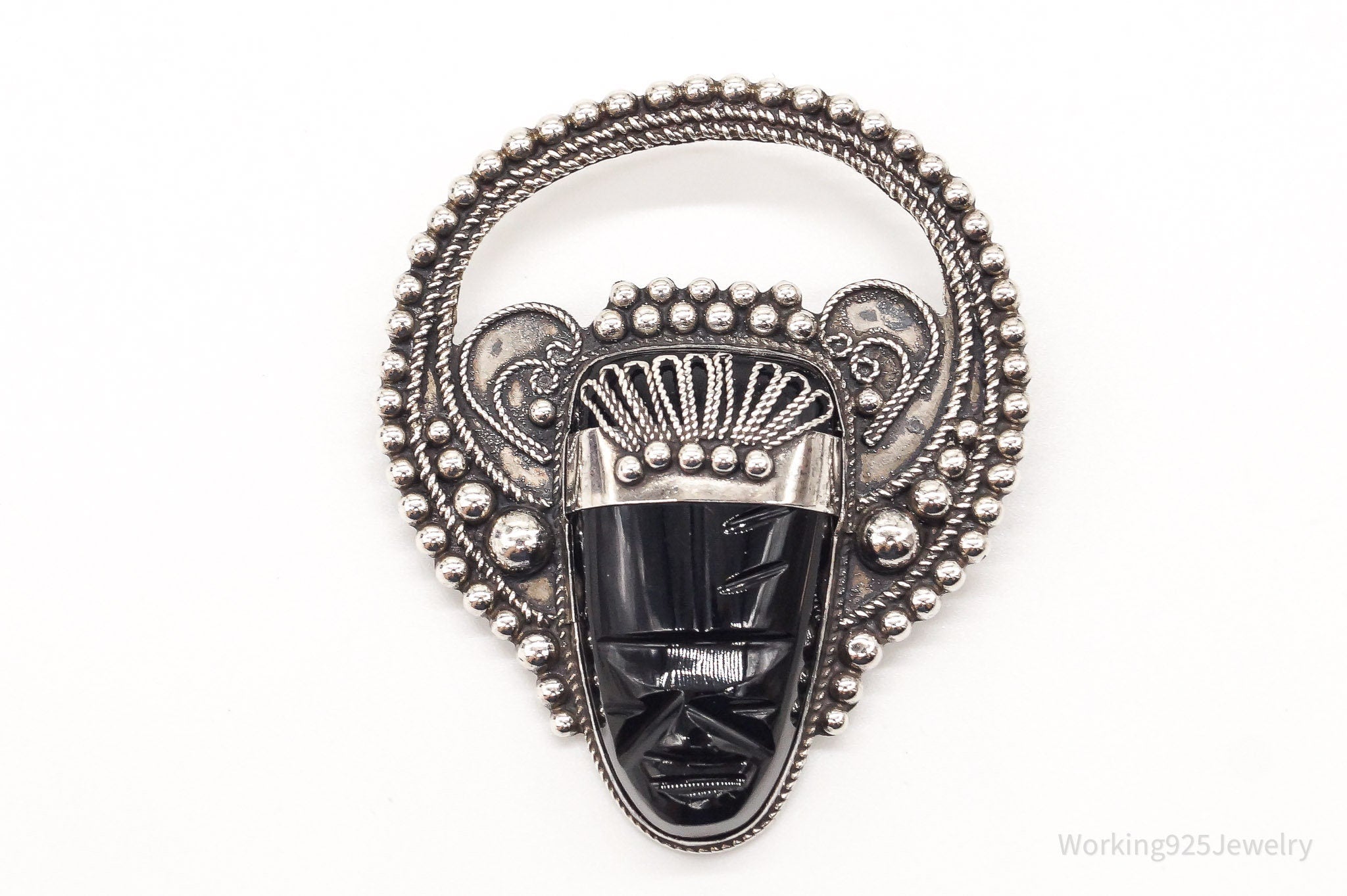 Large Vintage Mexico Carved Black Onyx Tribal Mask Sterling Silver Brooch Pin