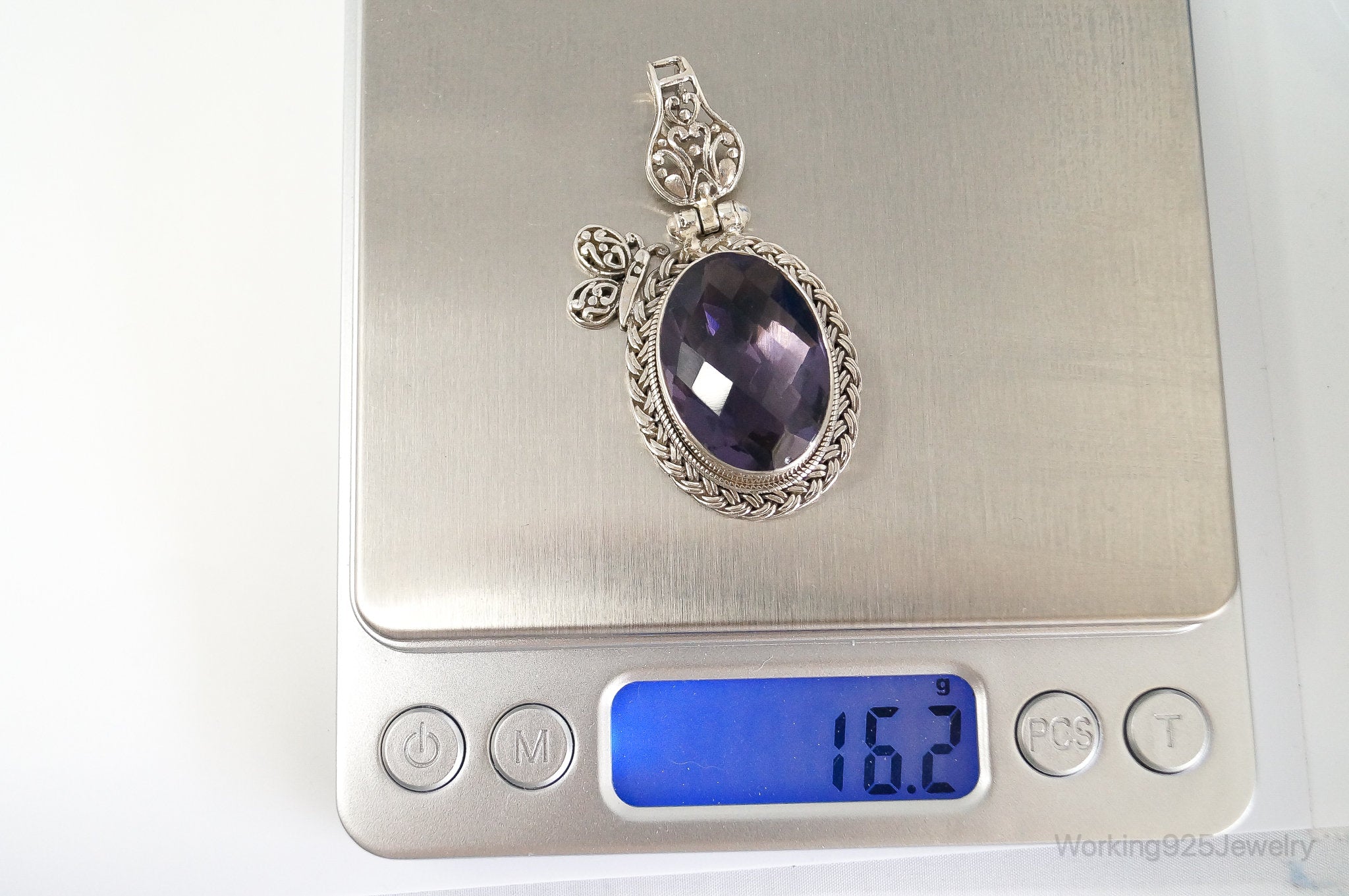 Large Amethyst Butterfly Bali Sterling Silver Necklace Pendant