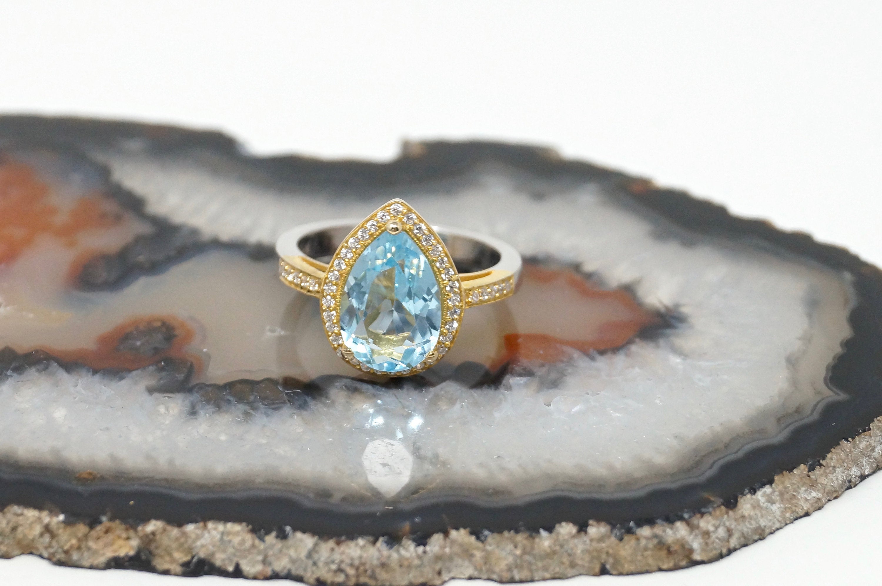 Vintage De Buman 18k Gold Genuine Sky Blue Topaz CZ Sterling Silver Ring Sz 6.75