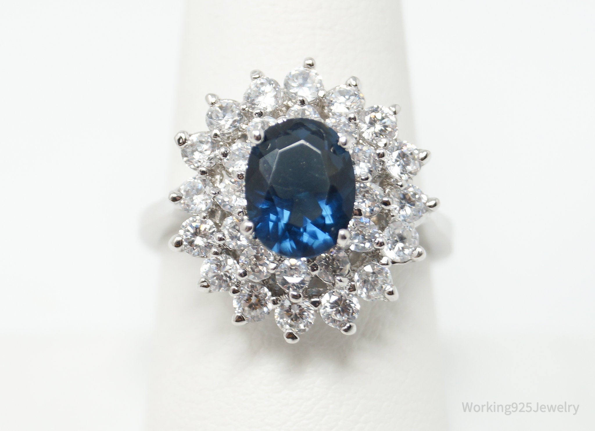 X Vintage Style Blue Sapphire CZ GOLD Plated Sterling Silver Ring - Size 8.75