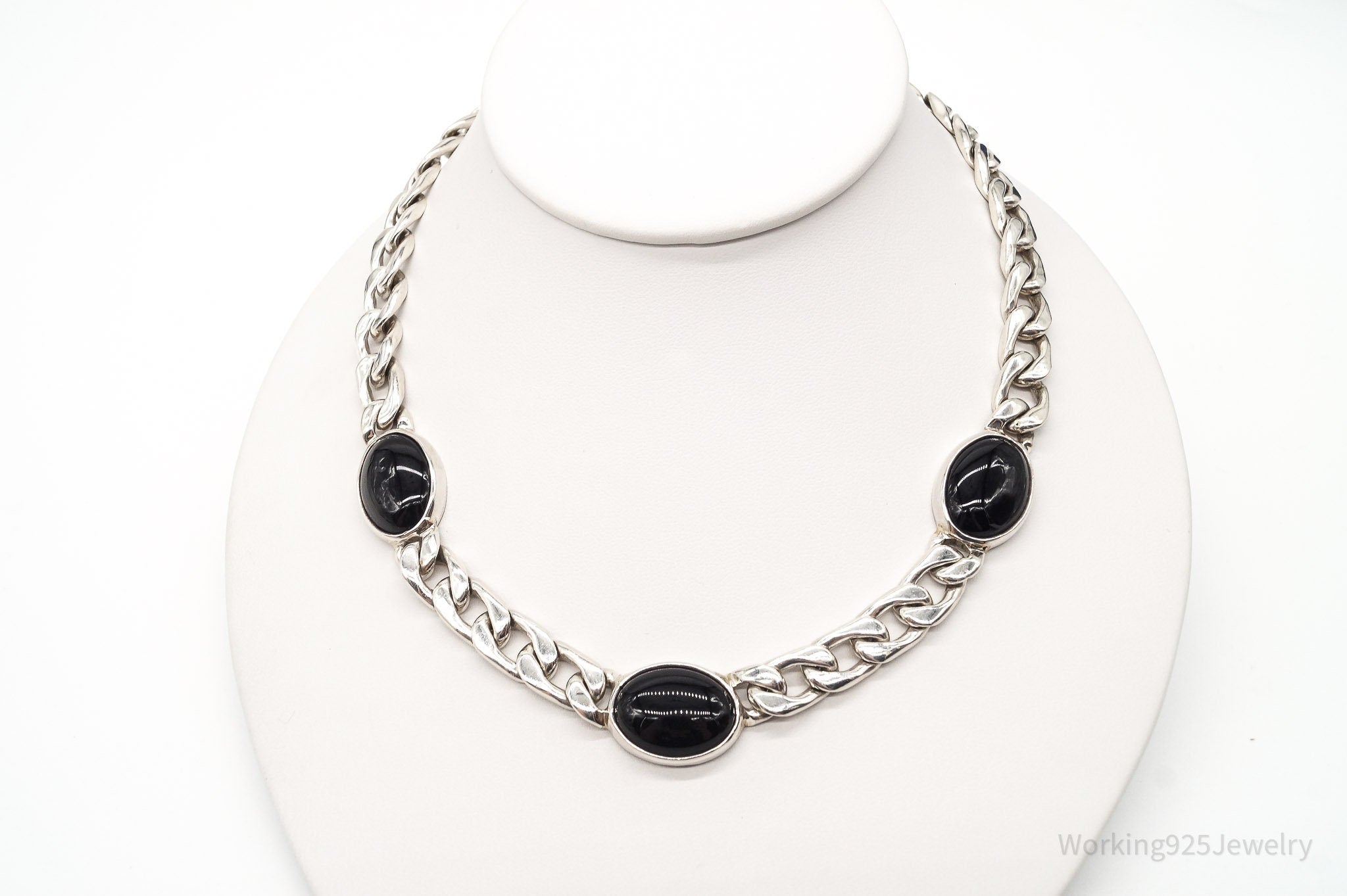 Vintage Black Onyx Curb Chain Sterling Silver Necklace