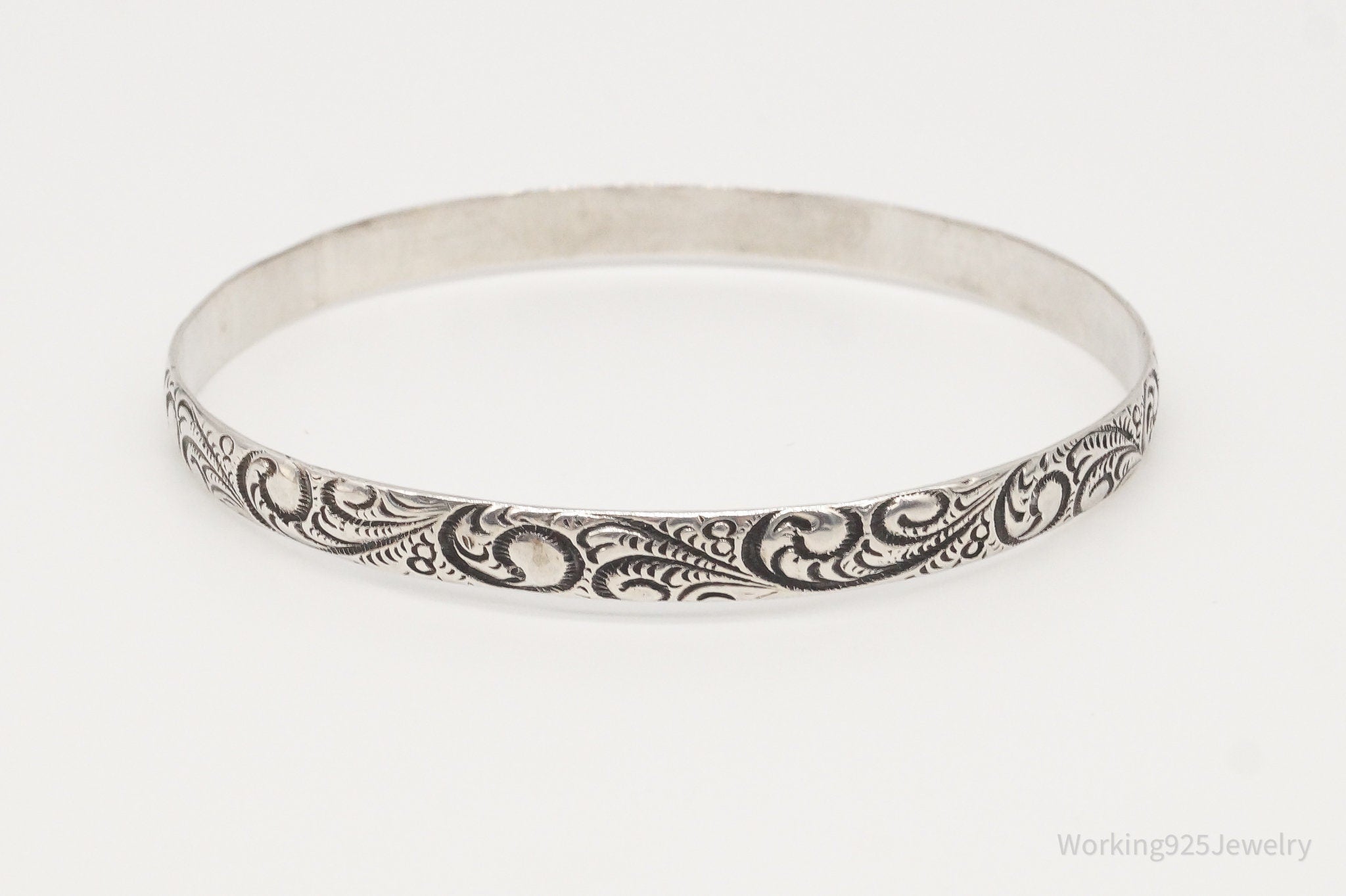 Antique Sterling Silver Floral Motif Bangle Bracelet