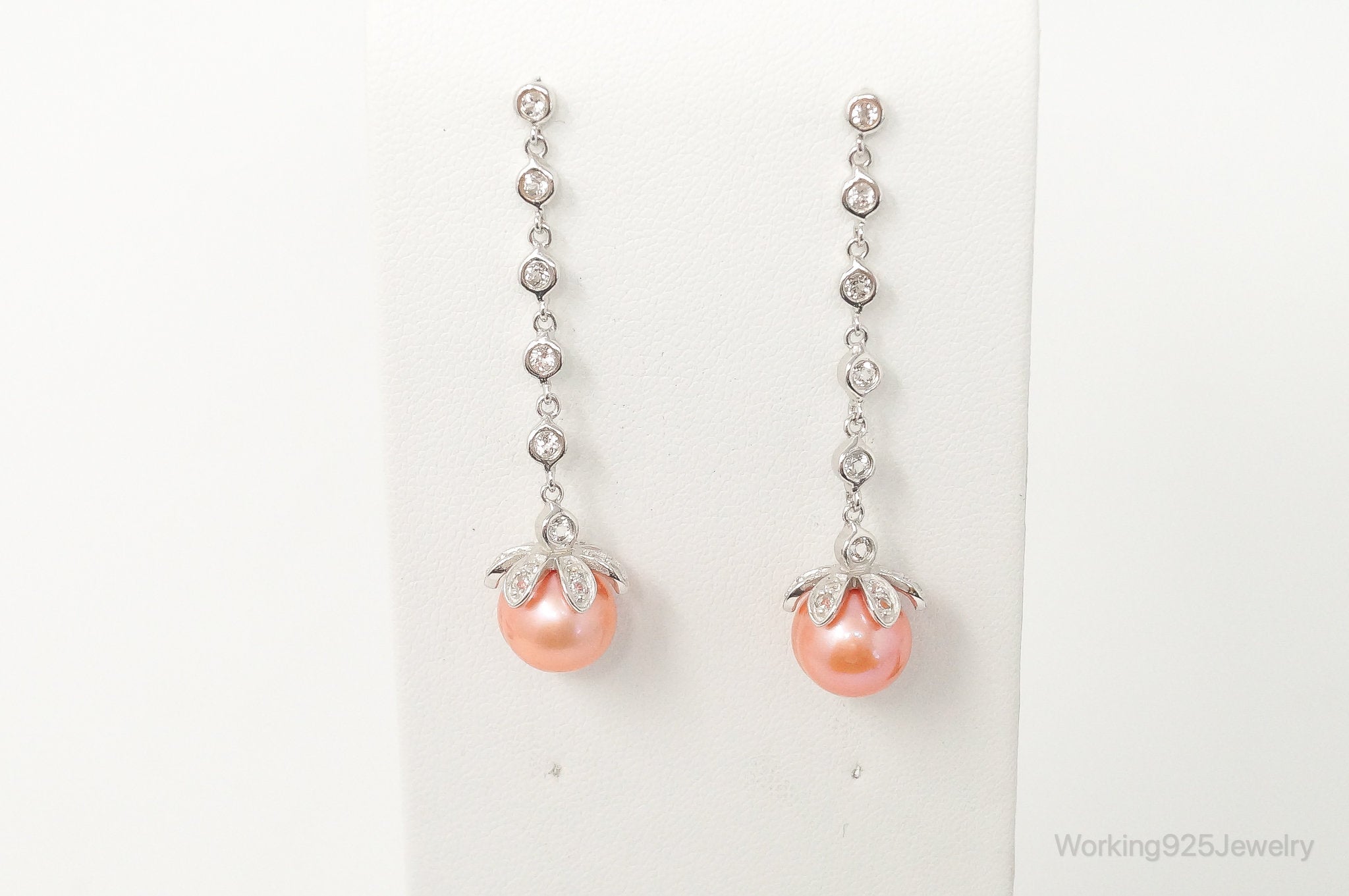 Italian Designer Peach Pearl Cubic Zirconia Sterling Silver Earrings