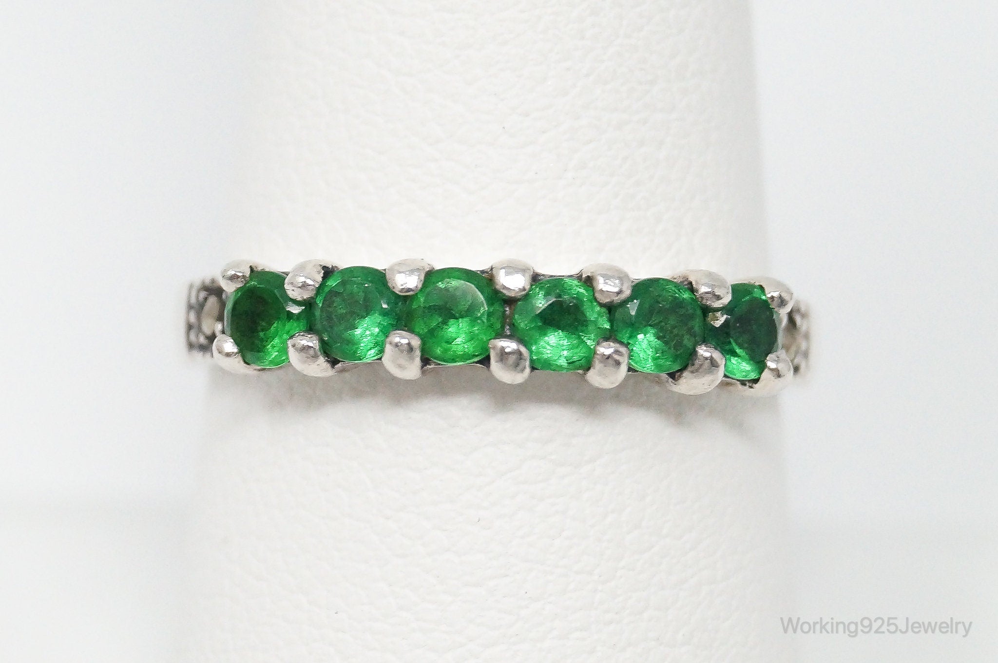 Vintage Green Lab Emerald Marcasite Sterling Silver Ring - Size 8.75