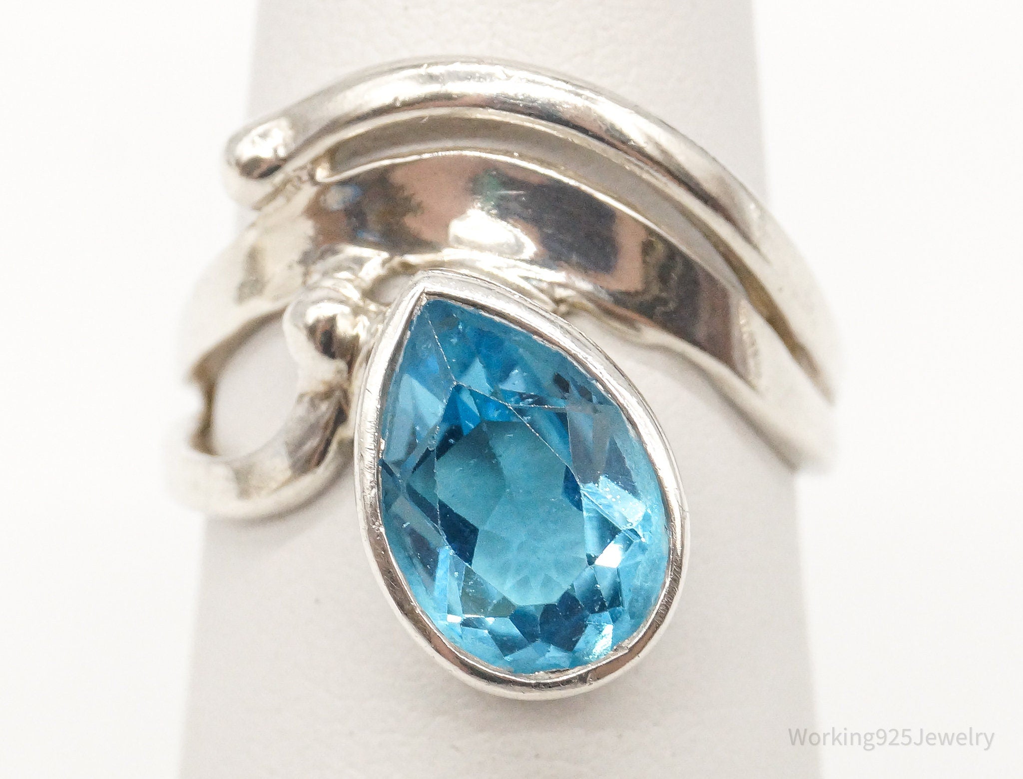 Vintage Large Blue Topaz Gemstone Sterling Silver Ring - Size 4.75