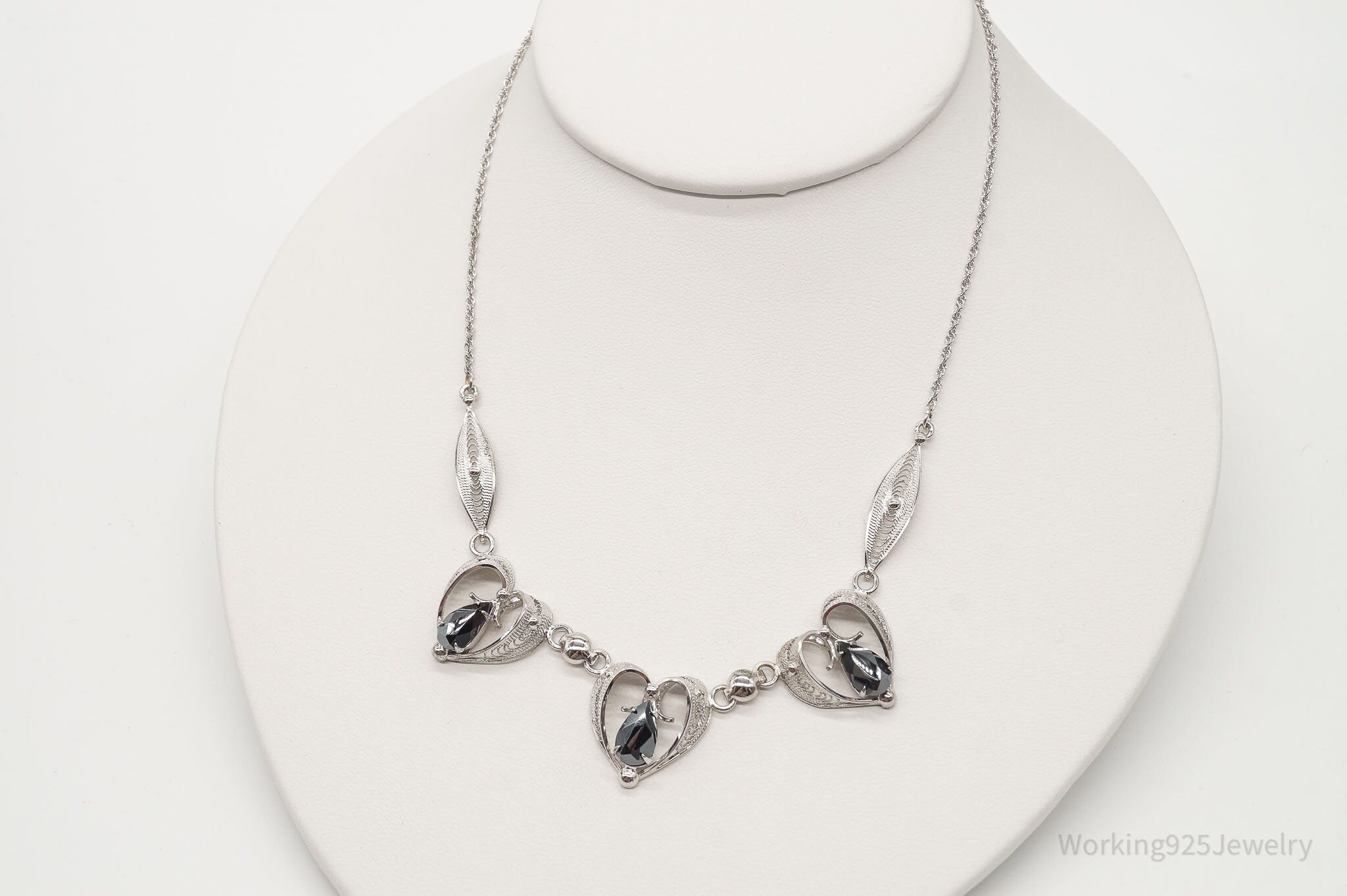 Vintage Designer Sorrento Hematite Filigree Hearts Sterling Silver Necklace