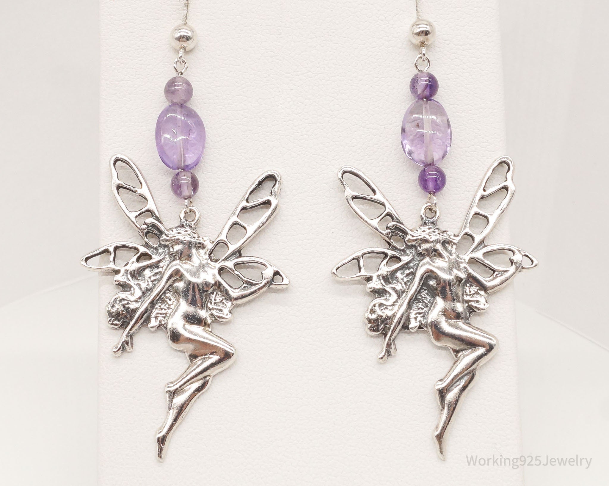 Vintage Designer Boma Amethyst Beads Sterling Silver Fairies Earrings