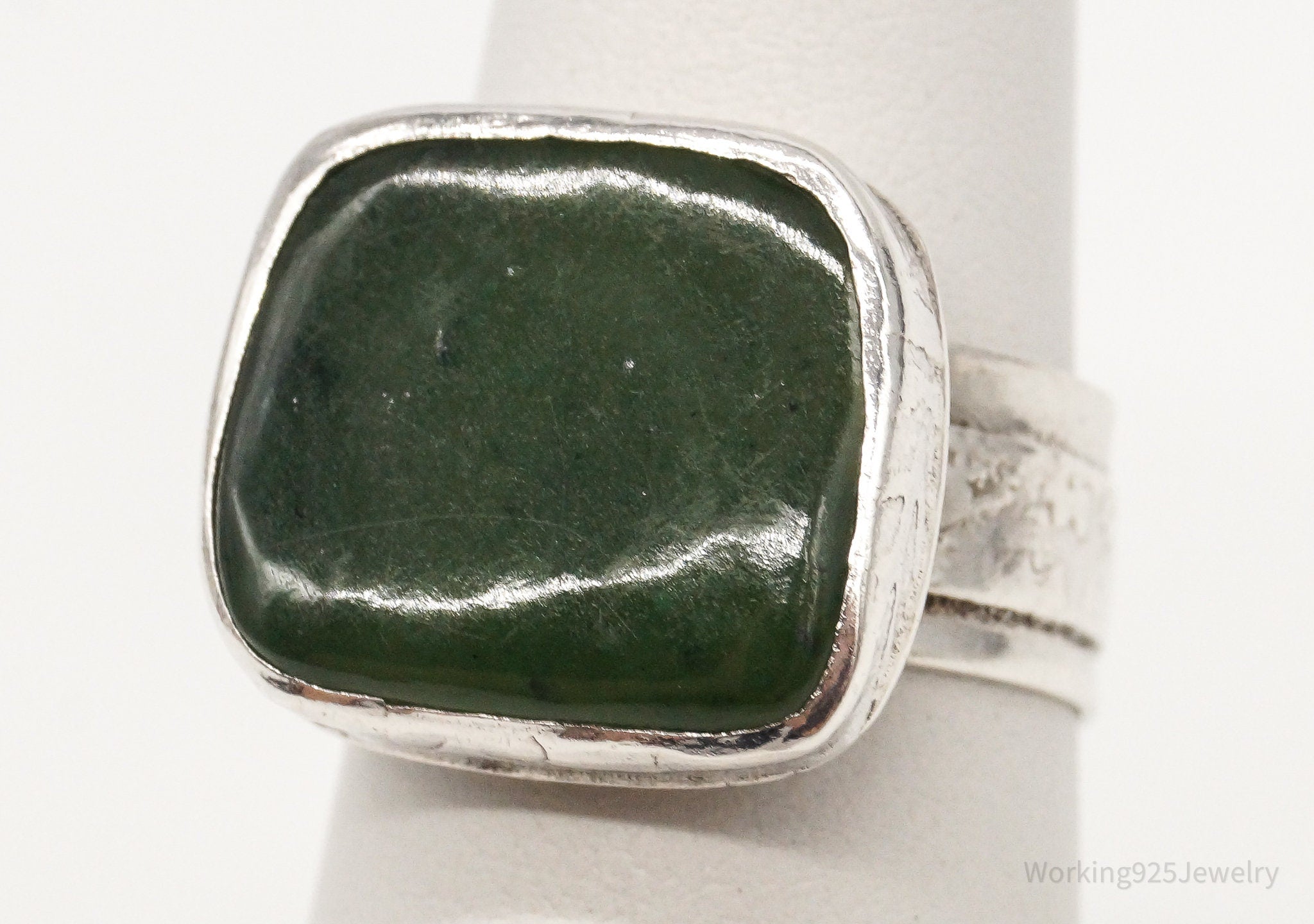 Vintage Green Jade Silver Ring - Size 4.75