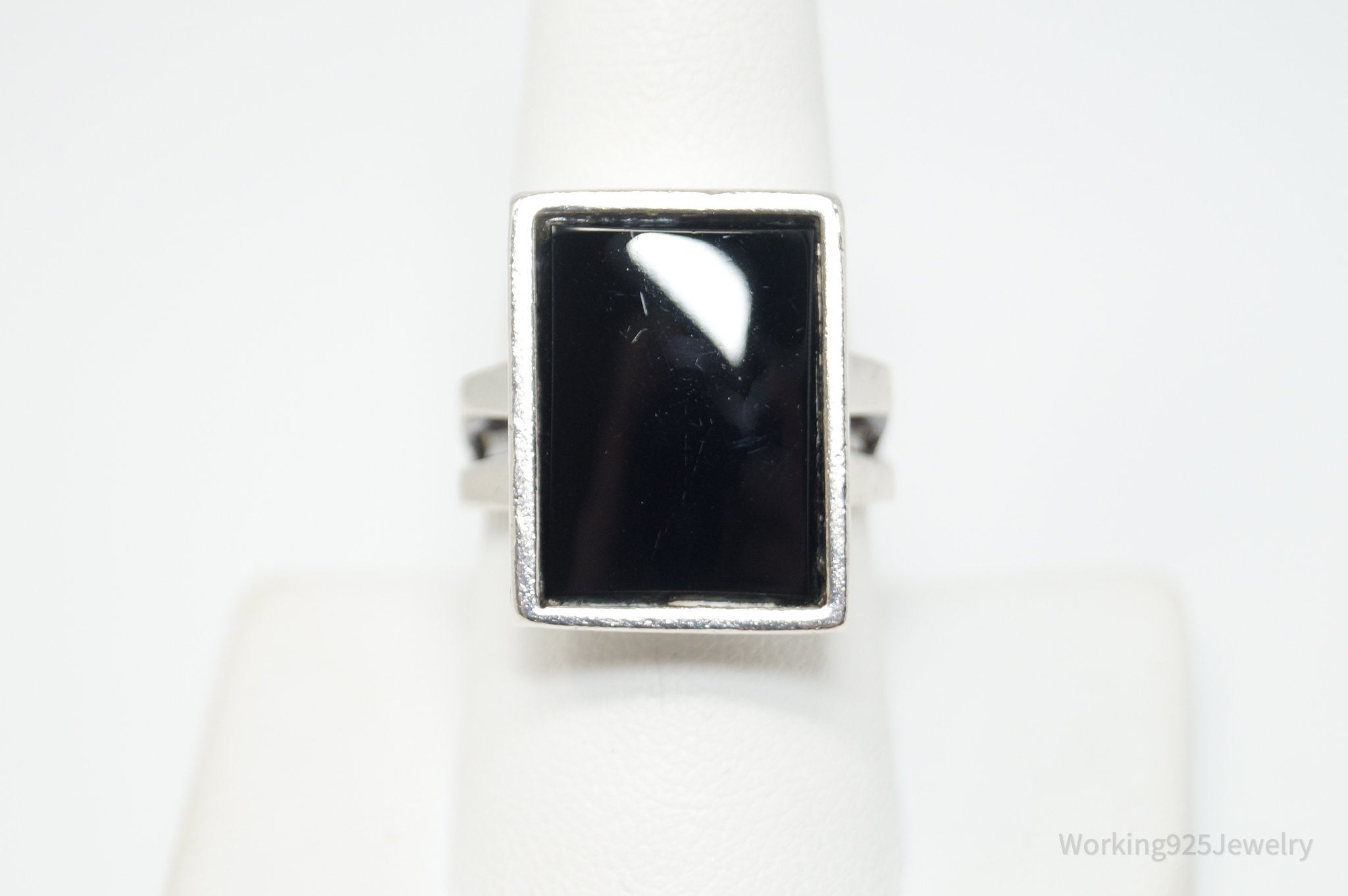 Long Vintage Art Deco Style Black Onyx Sterling Silver Ring - Sz 8.75