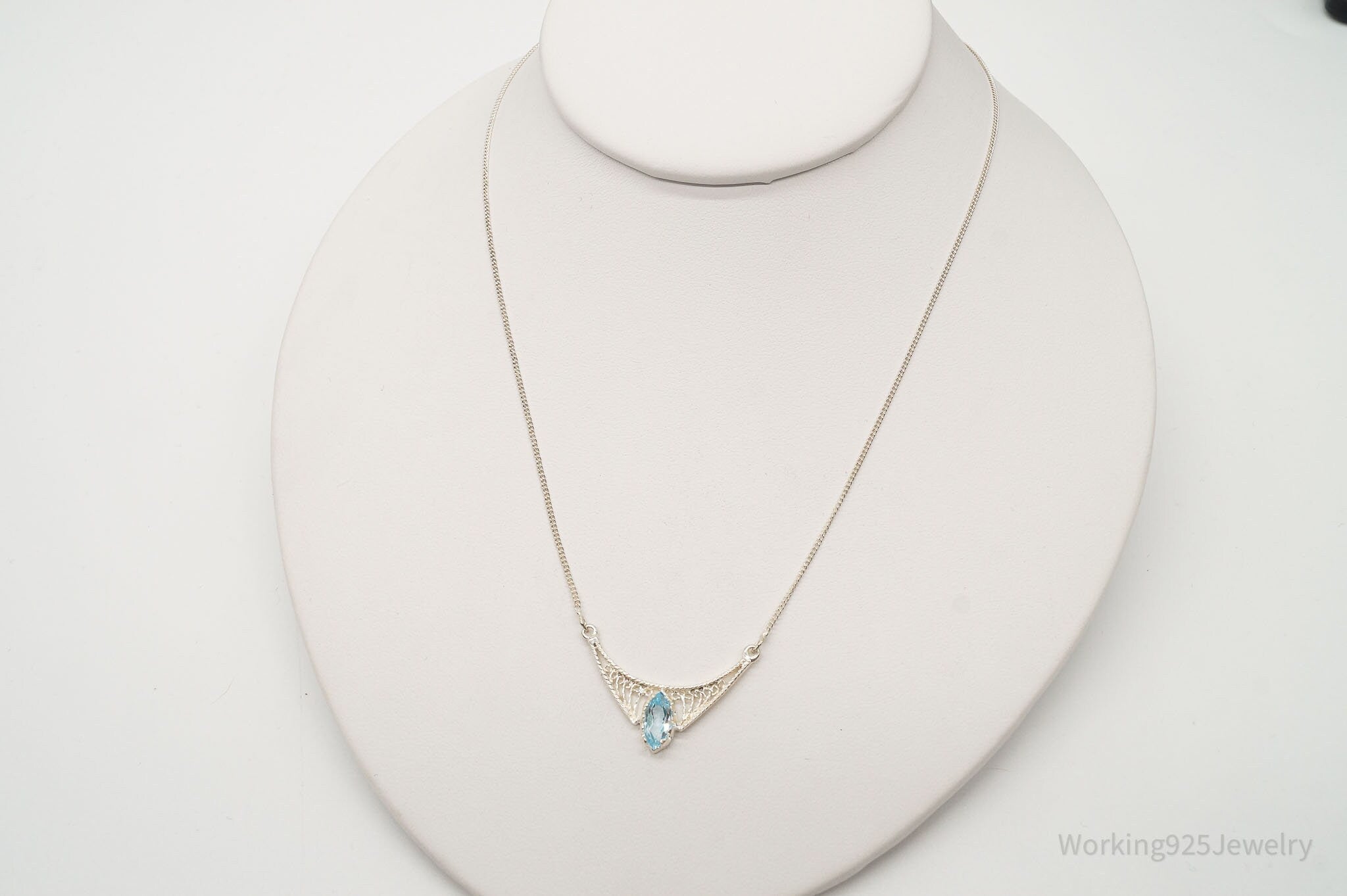 Vintage Blue Topaz Filigree Sterling Silver Chain Necklace