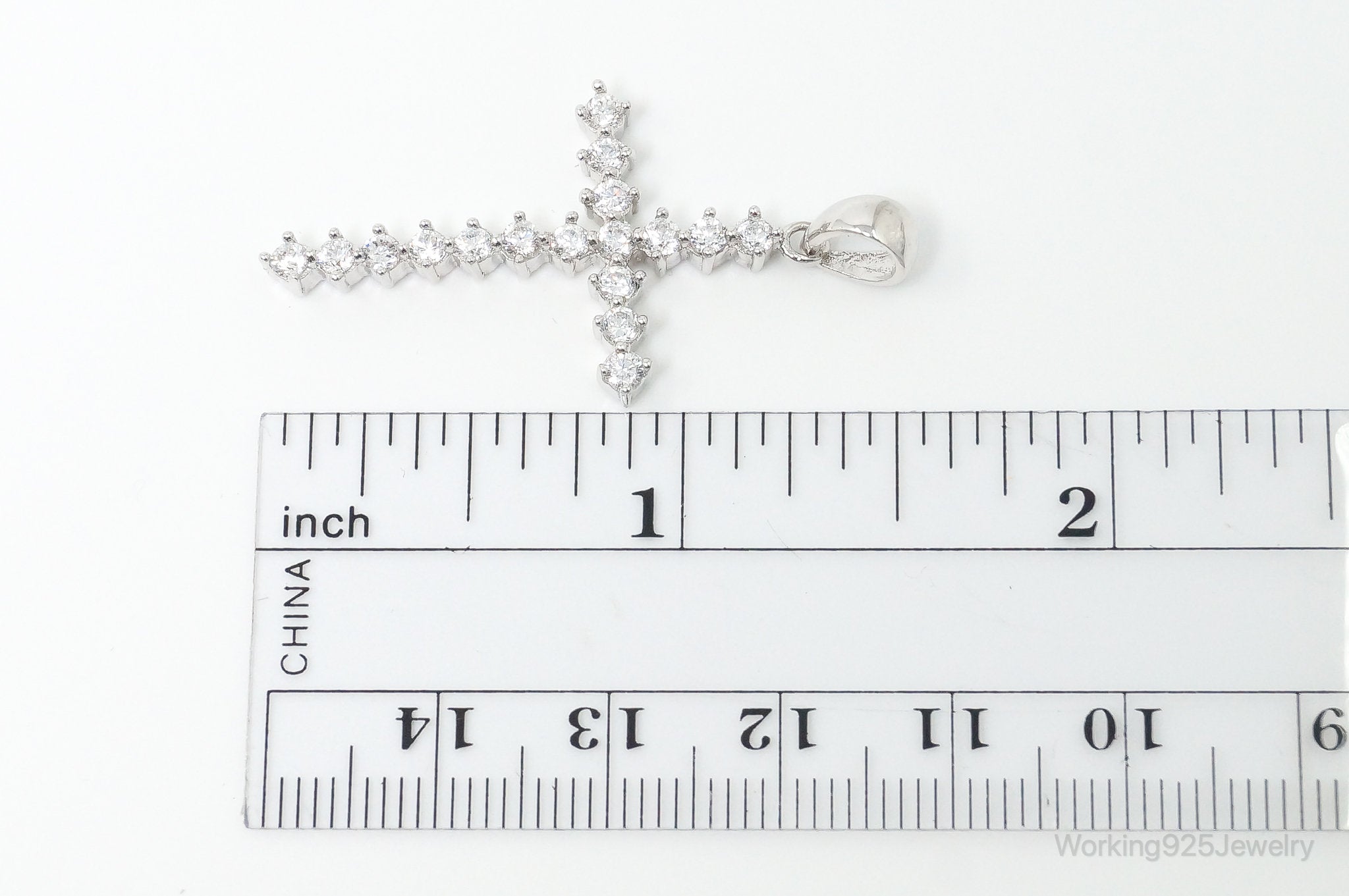 Large Vintage Cubic Zirconia Cross Sterling Silver Necklace Pendant