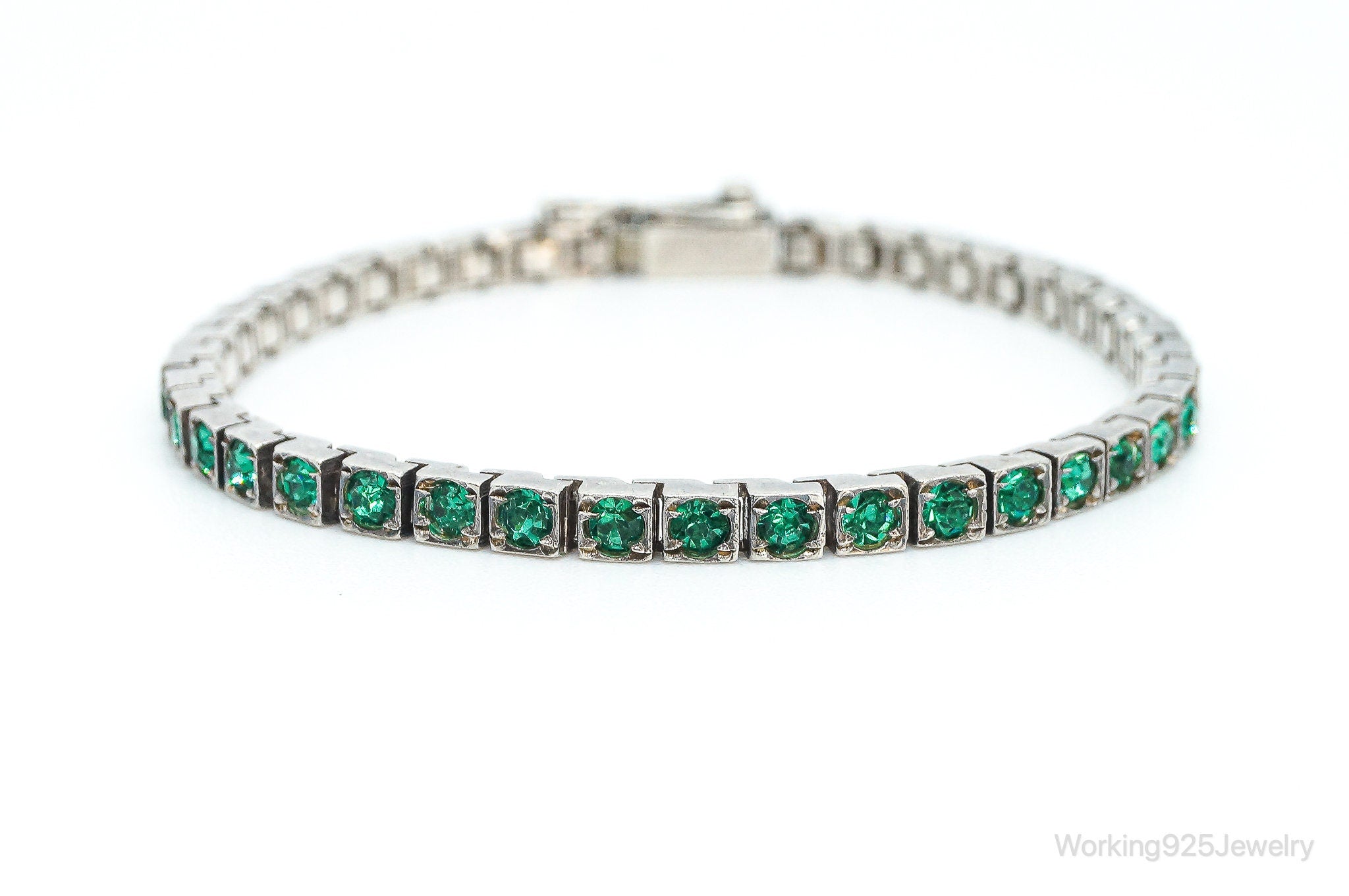 Antique Art Deco Green Rhinestone Sterling Silver Bracelet