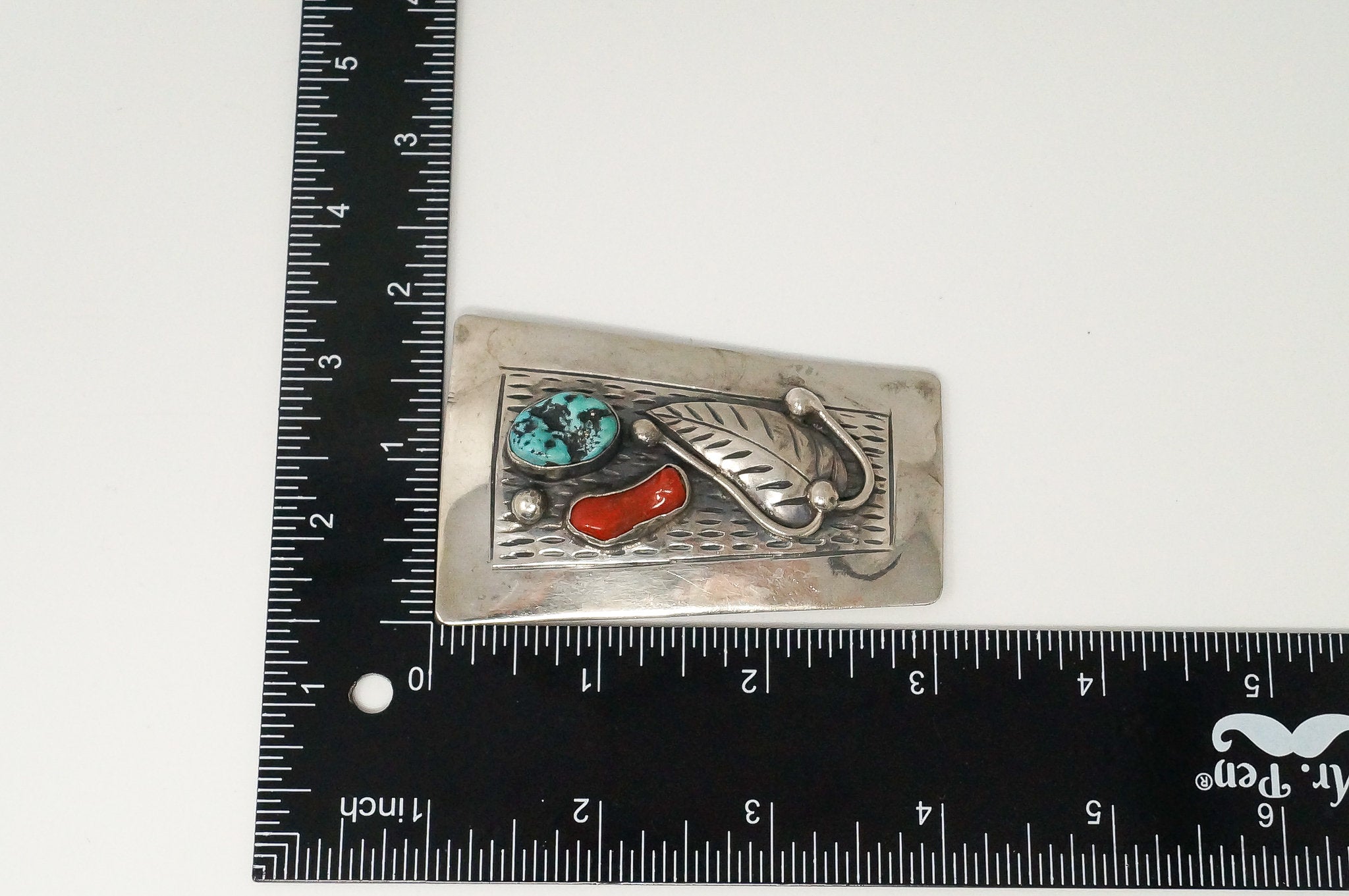 Native American David F Garcia Turquoise Coral Sterling Silver Bolo Tie Clip