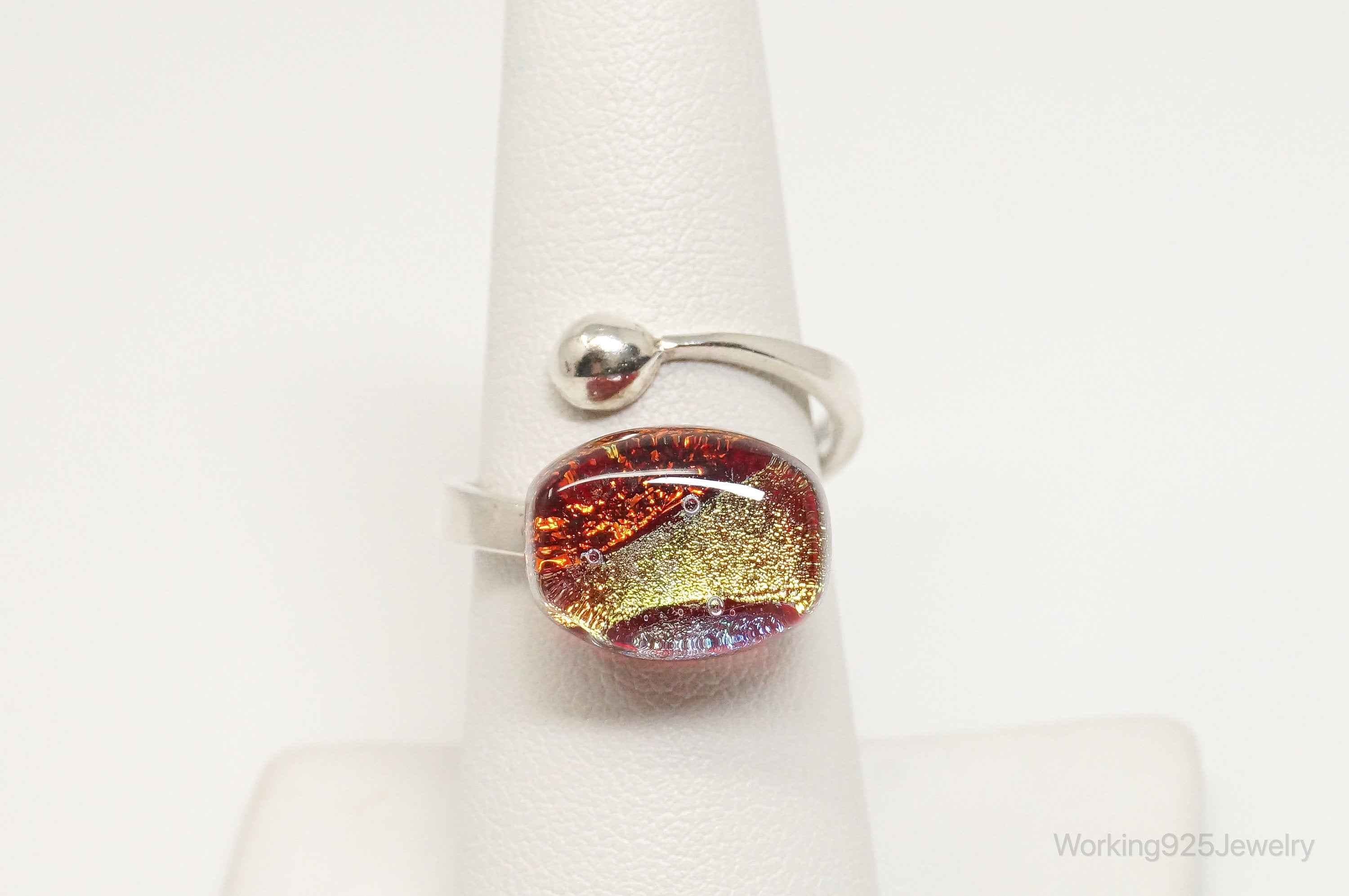 Vintage Glass Murano Sterling Silver Wrap Ring - Sz 7.75 Adjustable