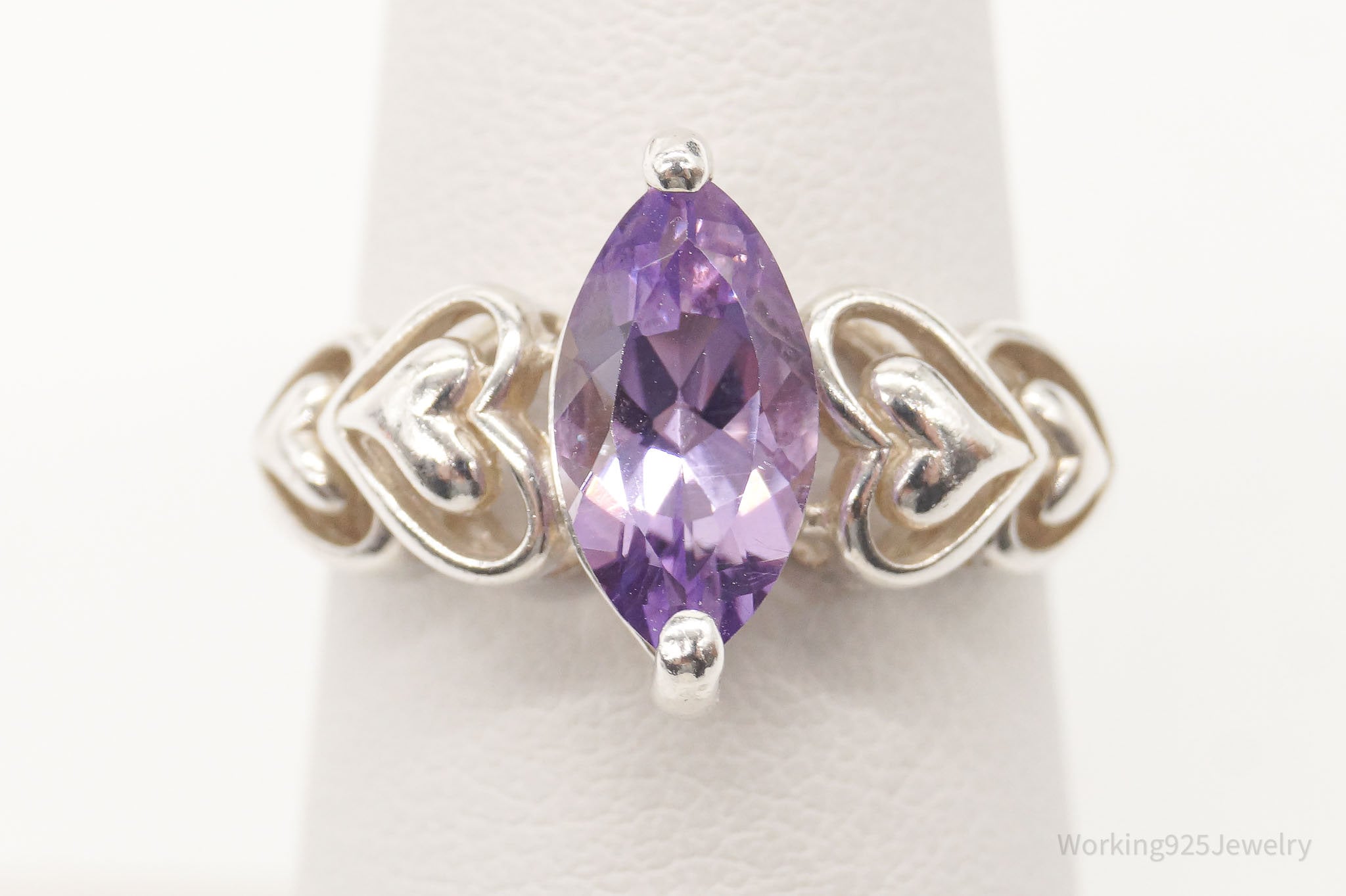 Vintage Amethyst Hearts Sterling Silver Ring - Size 7