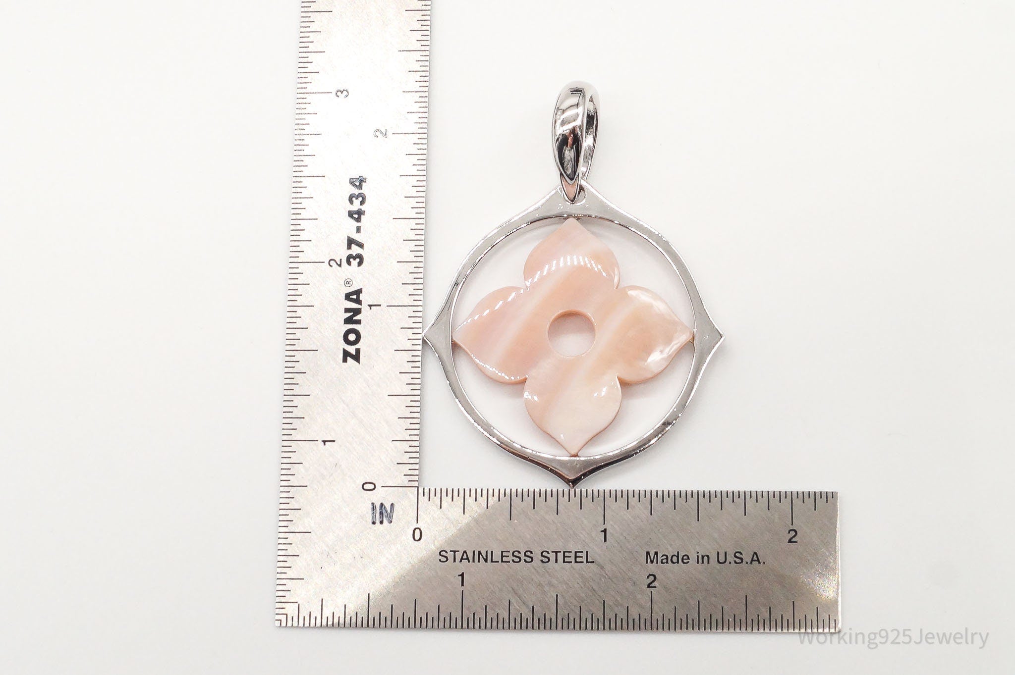 Vintage Large Carved Mother Of Pearl Flower Sterling Silver Pendant