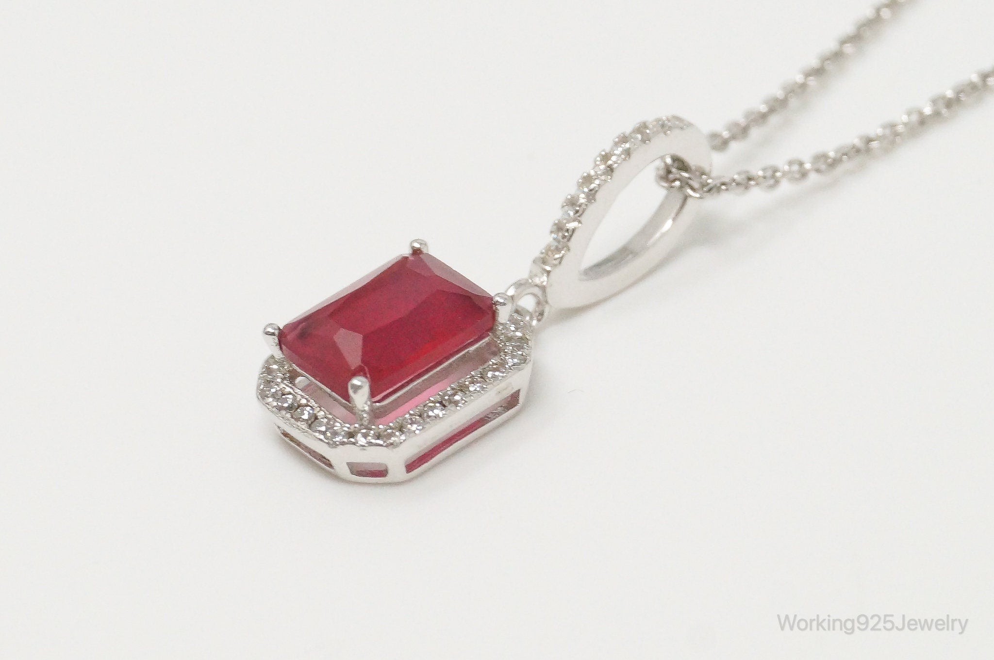 Vintage Art Deco Ruby Cubic Zirconia Sterling Silver Necklace