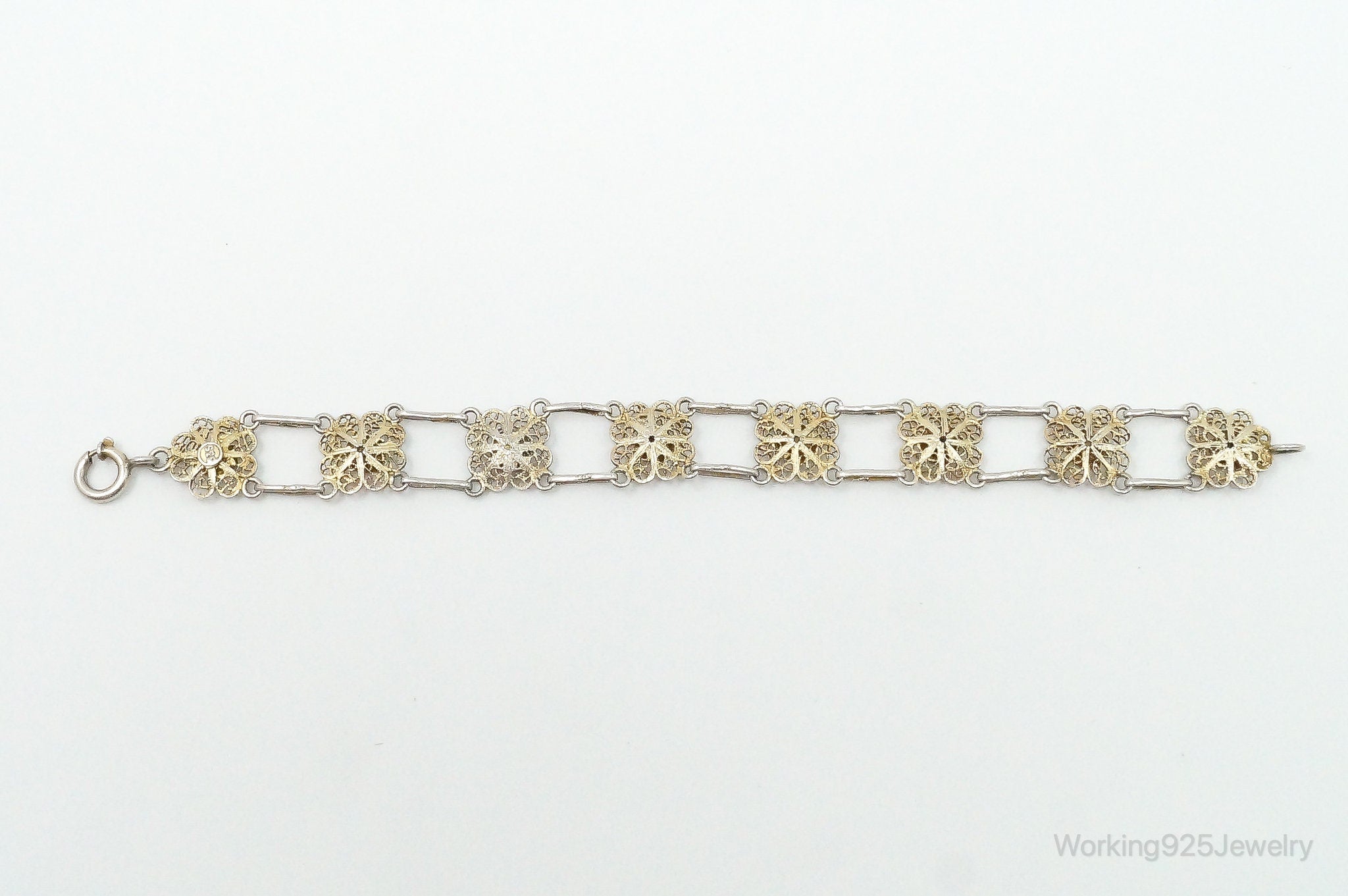 Antique Enamel Flowers 835 Silver Filigree Bracelet