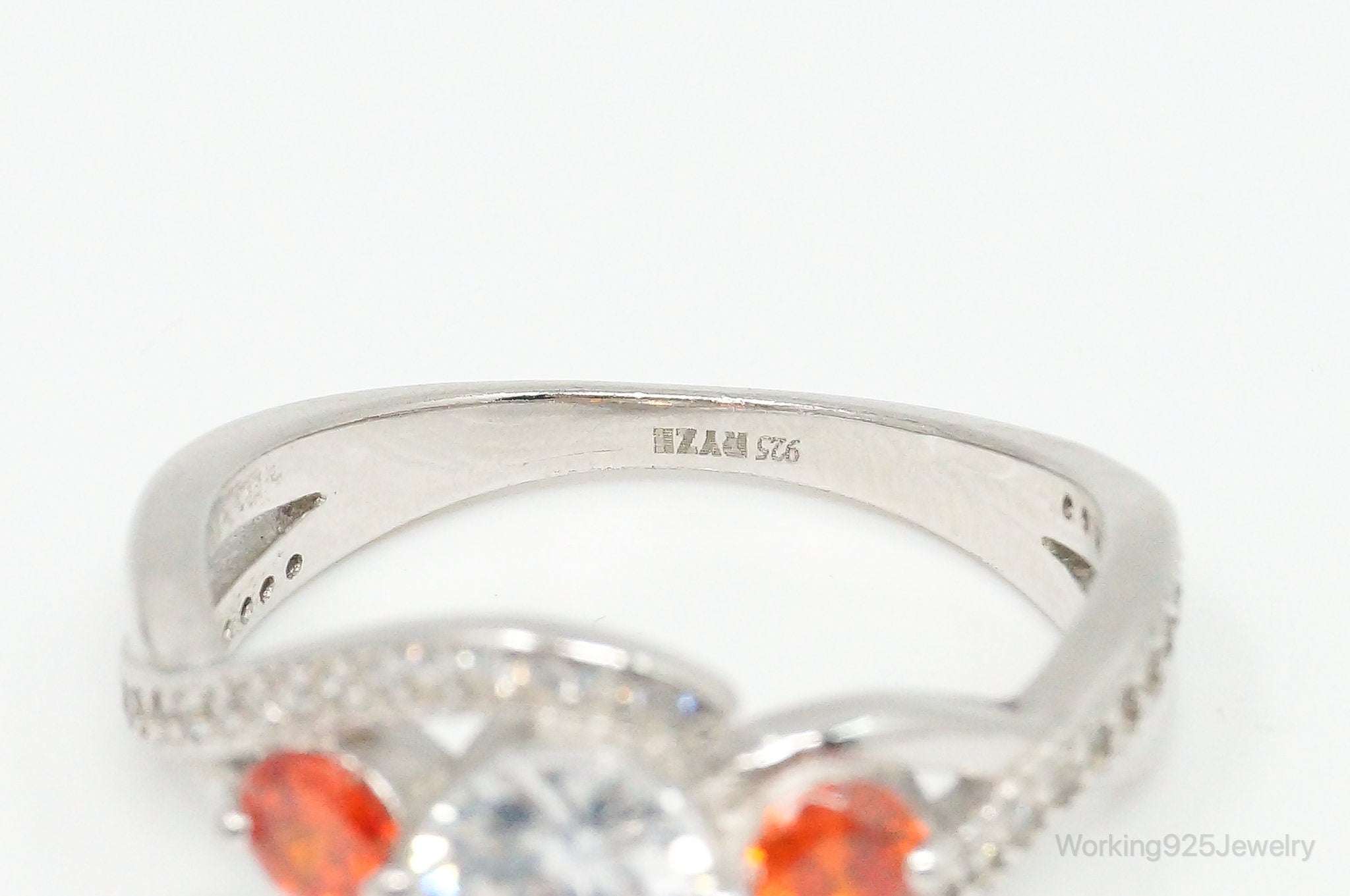 Orange & White Cubic Zirconia Sterling Silver Ring - Size 8.75