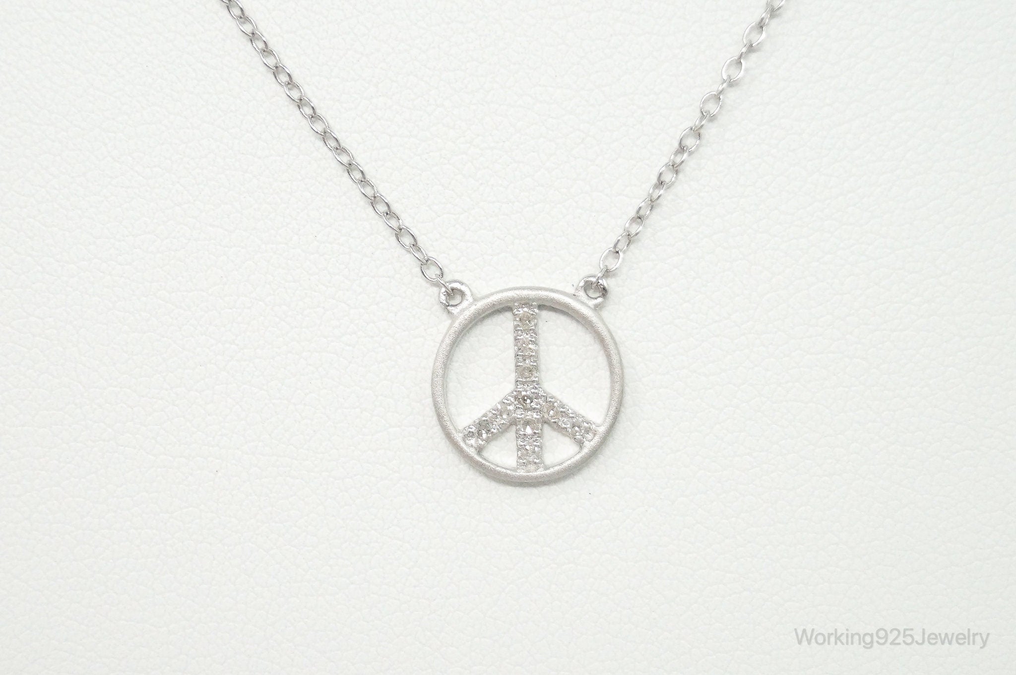 Vintage Cubic Zirconia Peace Sign Sterling Silver Necklace