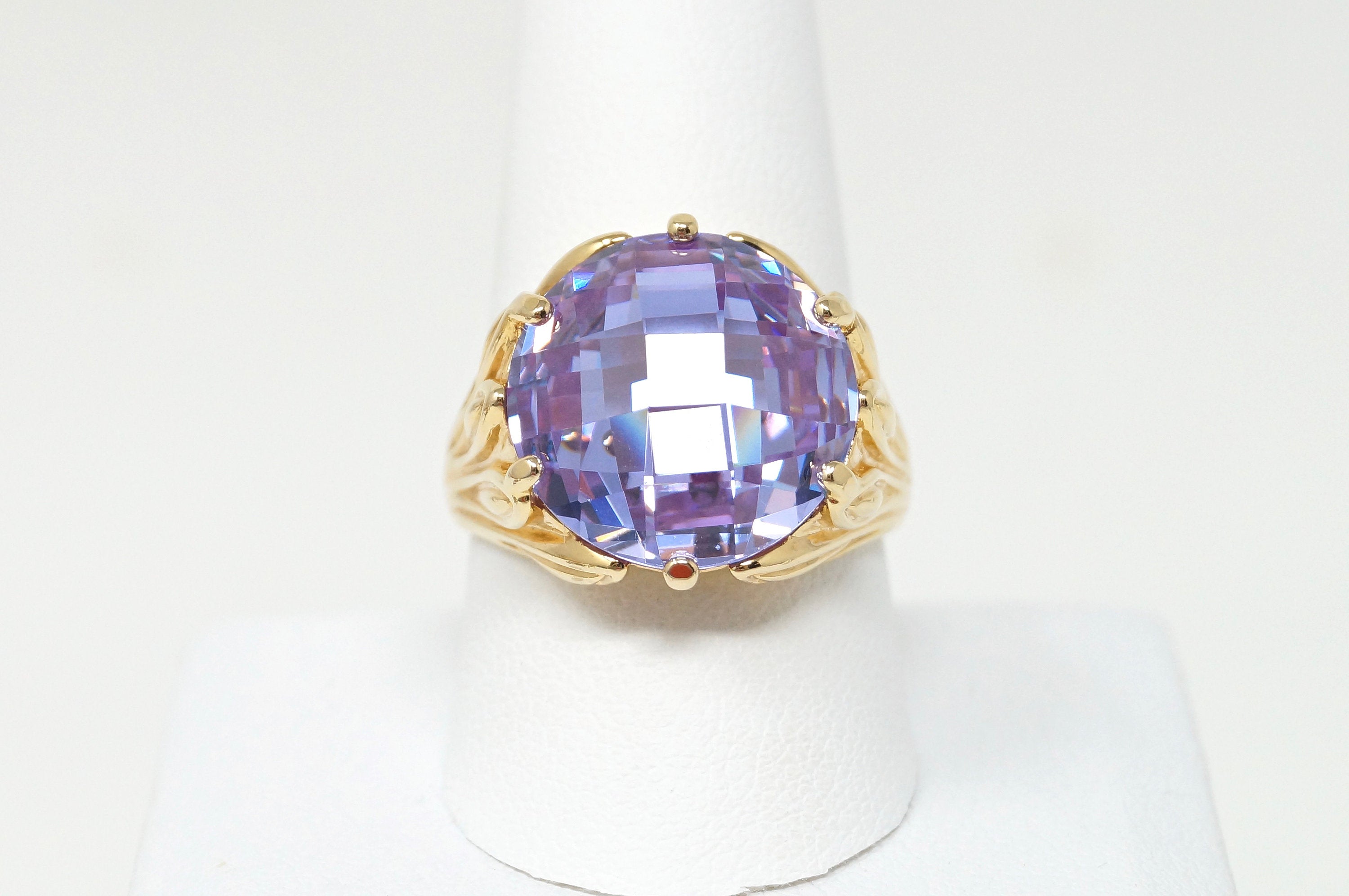 Vintage Art Deco Amethyst Purple CZ Gold Sterling Silver Statement Ring Size 10