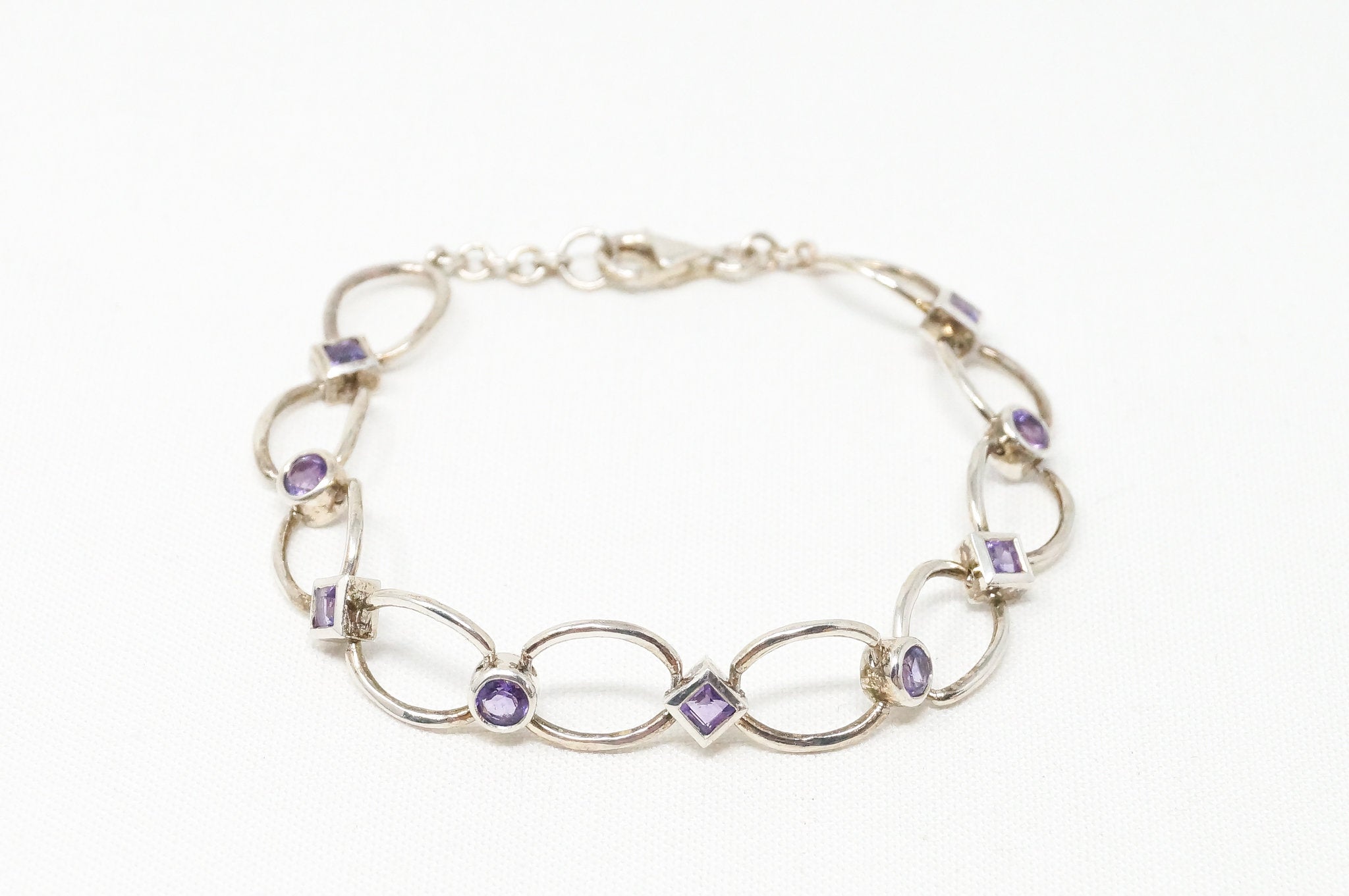 Vintage Art Deco Amethyst Sterling Silver Link Tennis Bracelet