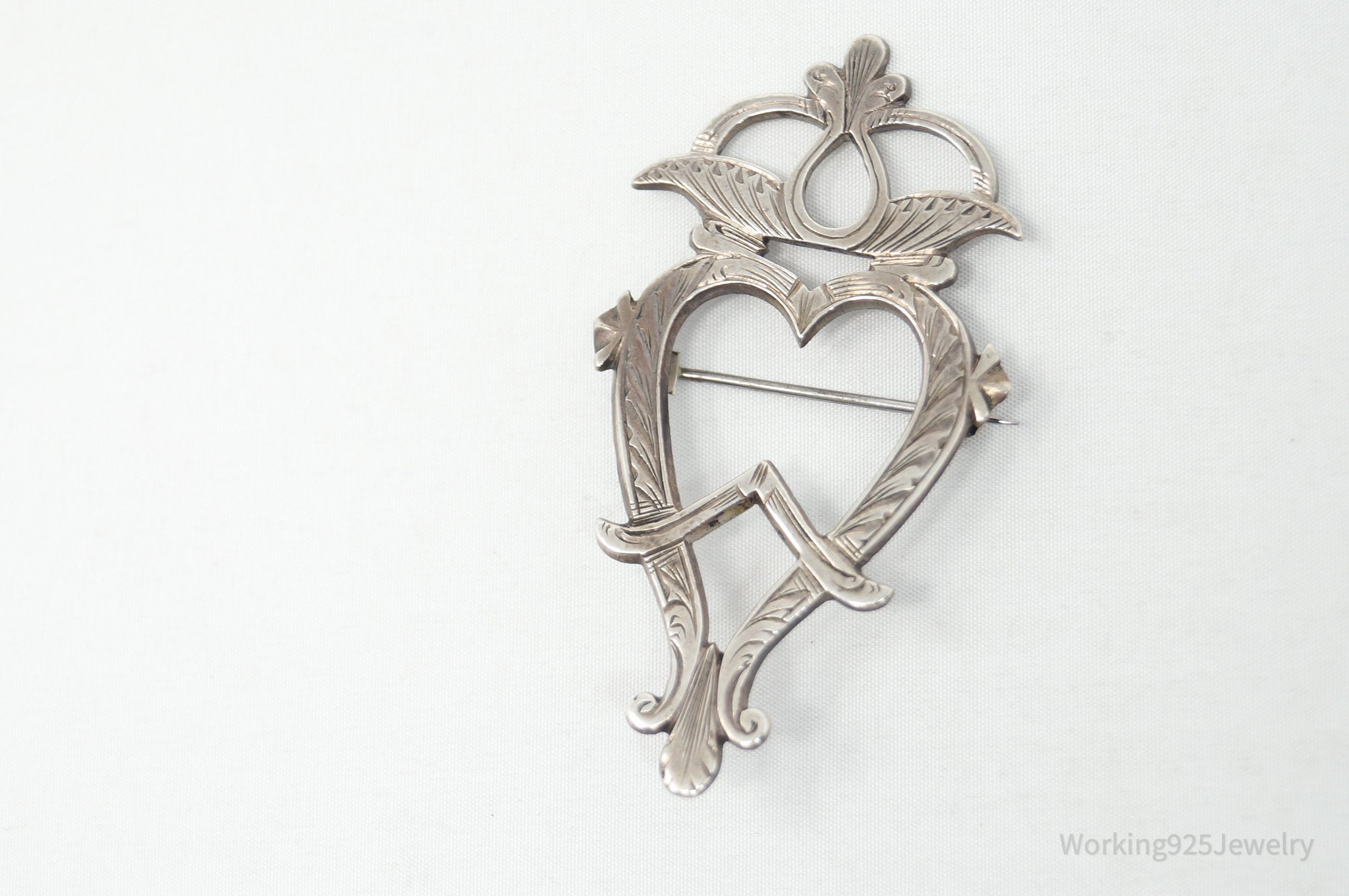 Antique Etched Floral Heart Silver Brooch Pin