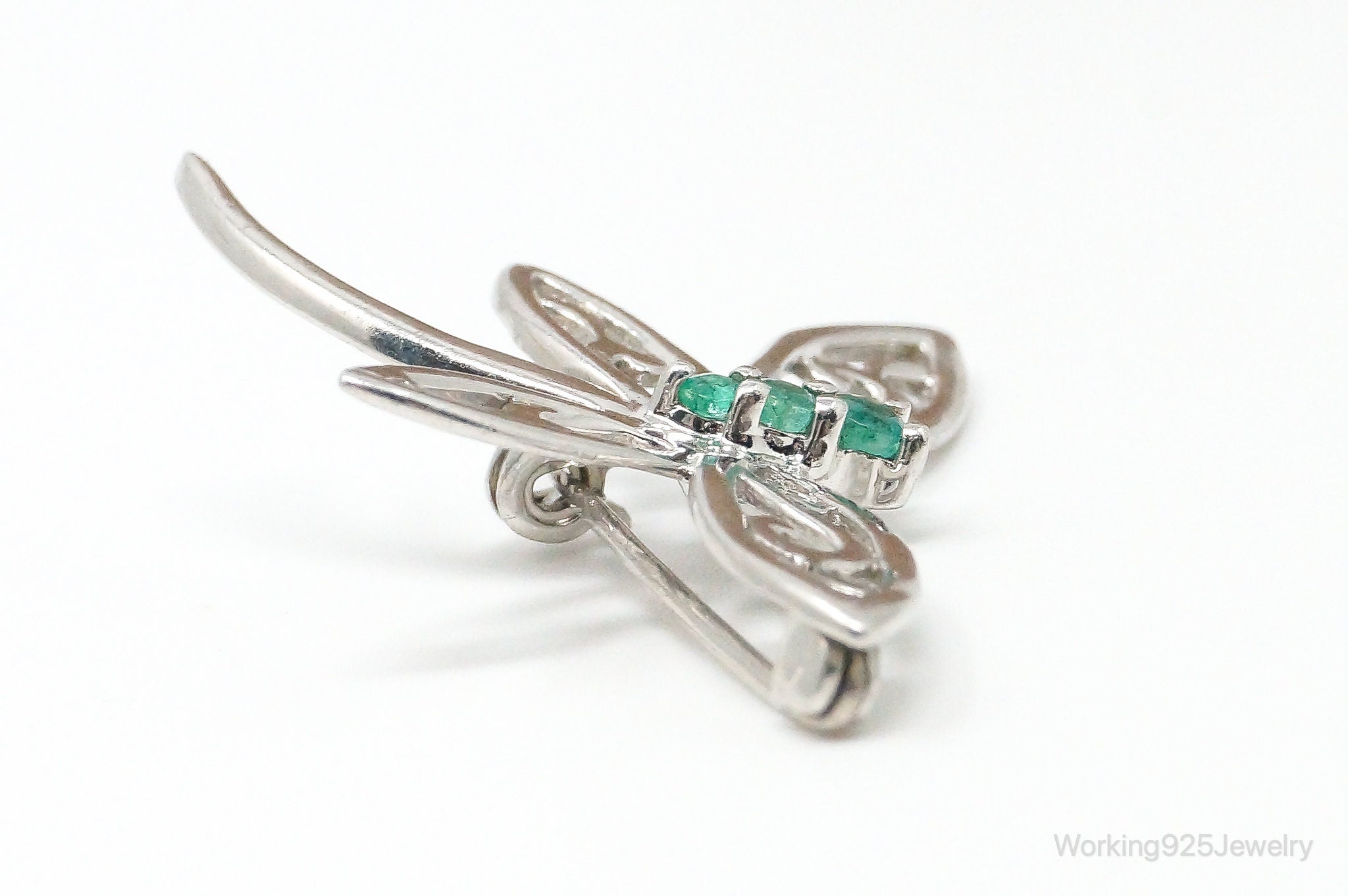 Vintage Emerald Dragonfly Sterling Silver Pin Brooch Necklace Pendant