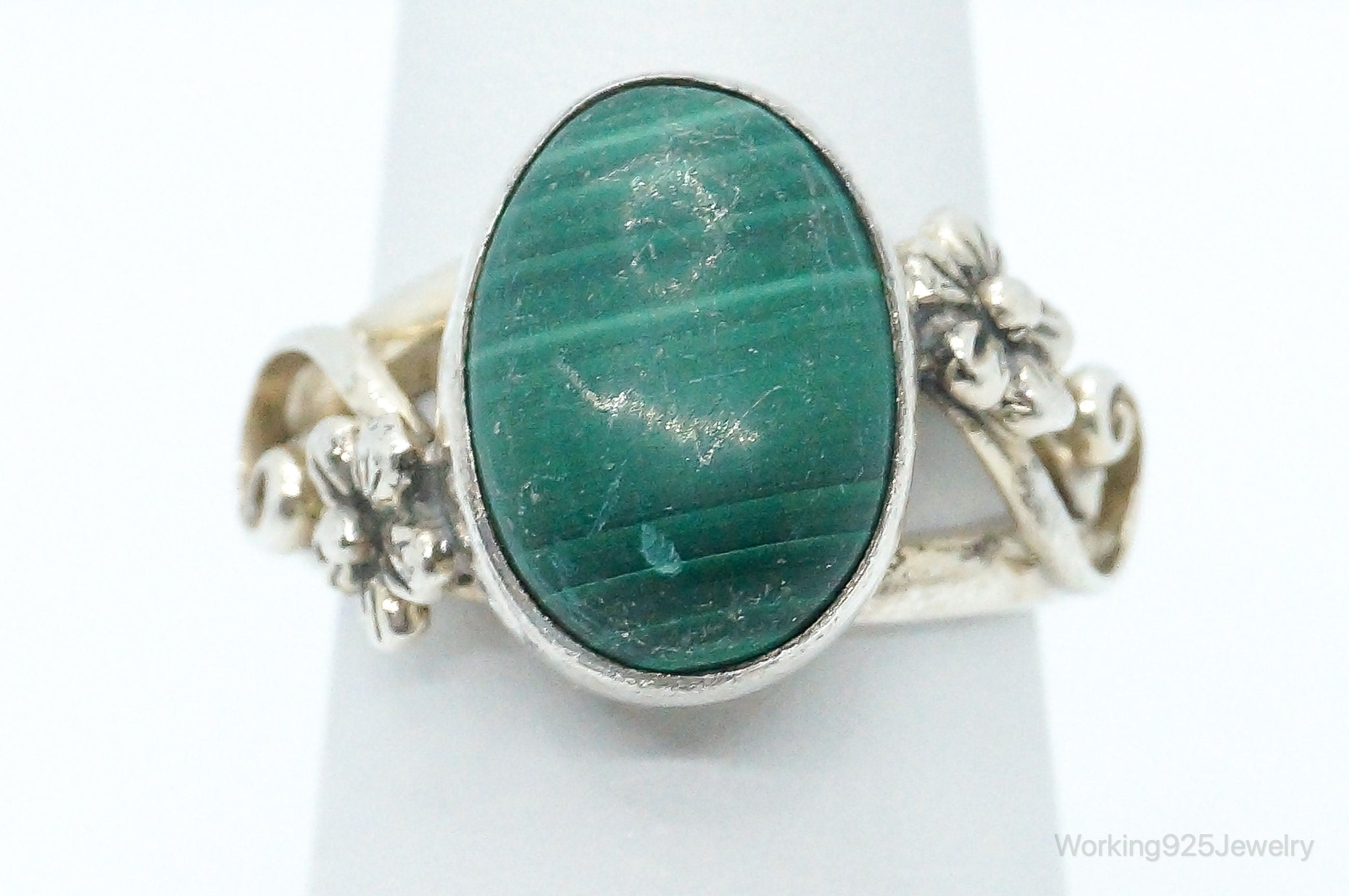 Vintage Anglo Carol Felley Malachite Sterling Silver Band Ring - Size 6