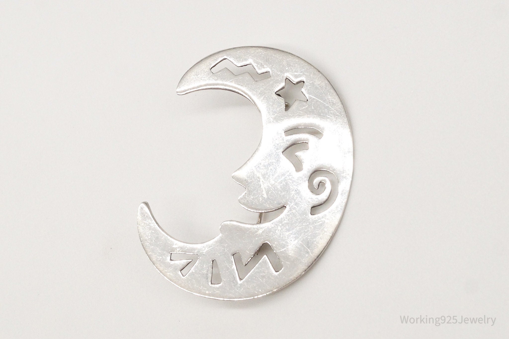 Vintage Boma Large Crescent Moon Sterling Silver Brooch Pin