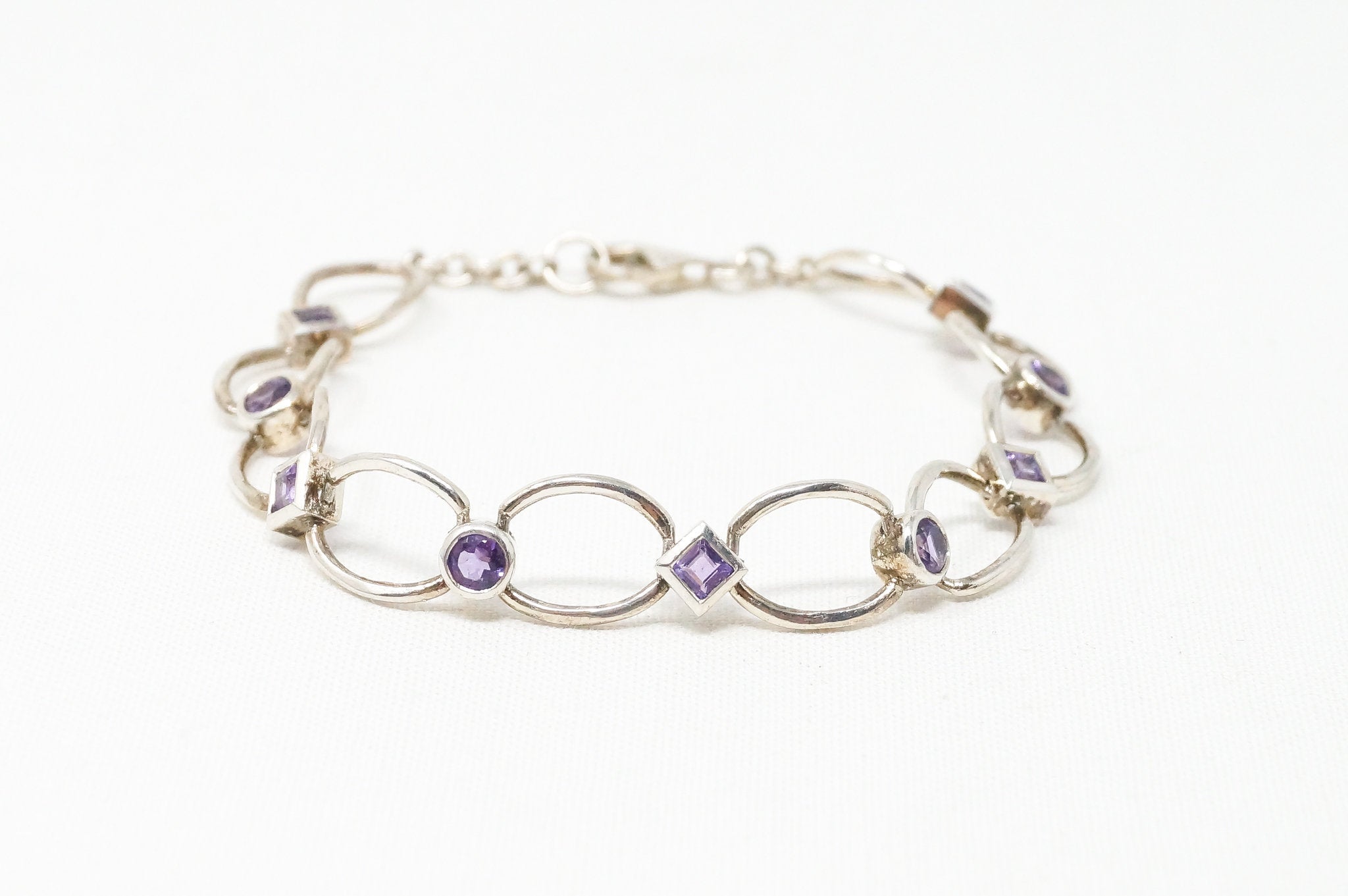 Vintage Art Deco Amethyst Sterling Silver Link Tennis Bracelet