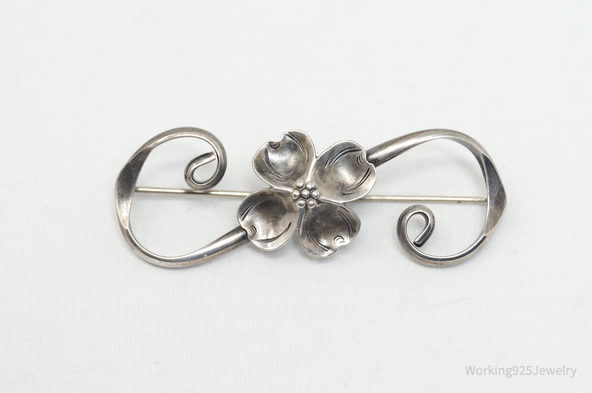 Large Vintage Designer NYE Modernist Dogwood Sterling Silver Brooch Pin