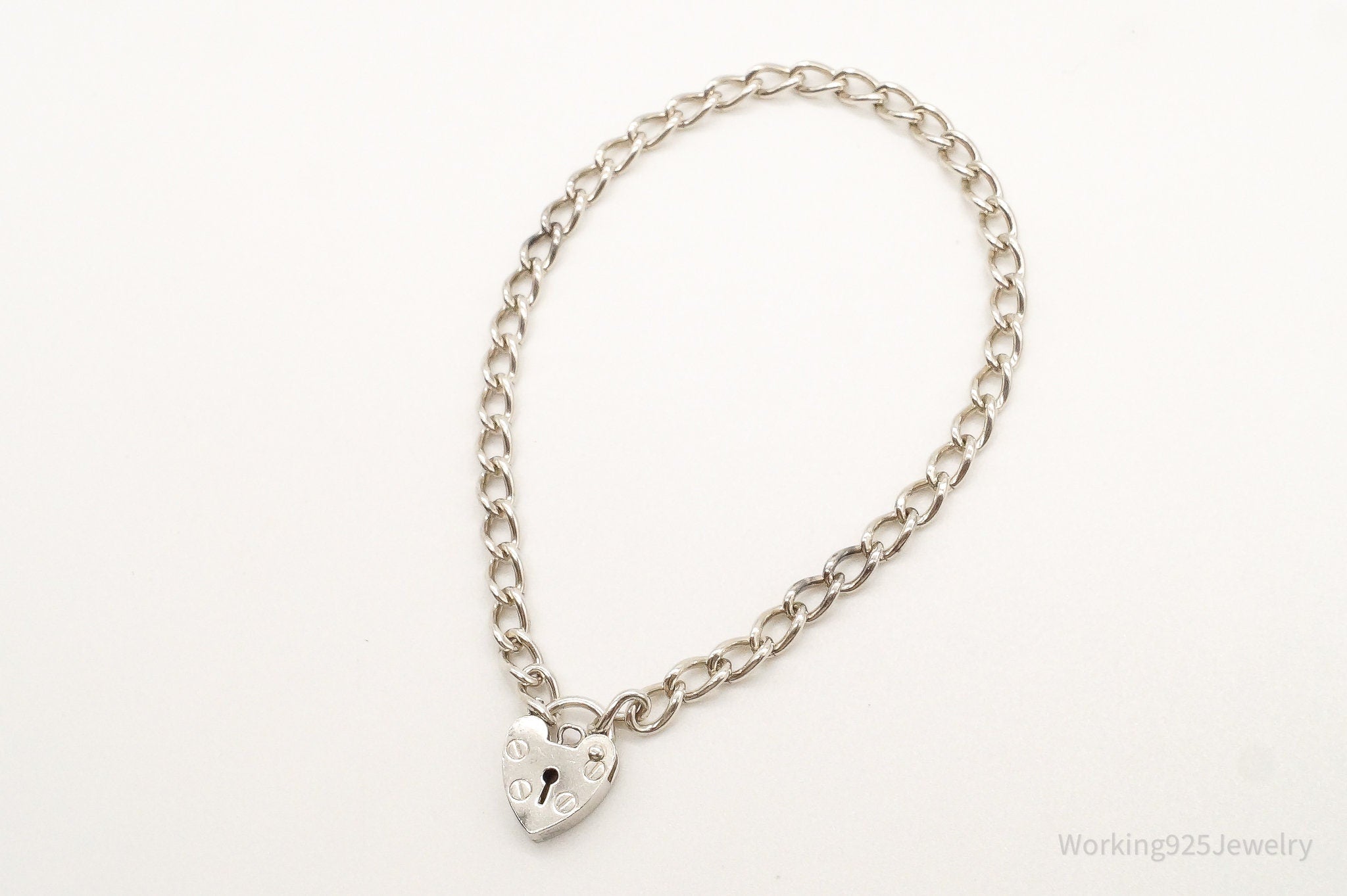 Antique Heart Lock Charm Lover Sterling Silver Chainlink Bracelet