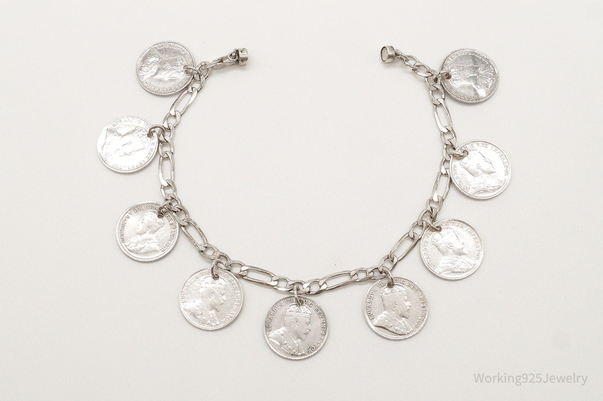 Rare Edward VII Coins Sterling Silver Chain Magnet Clasp Bracelet