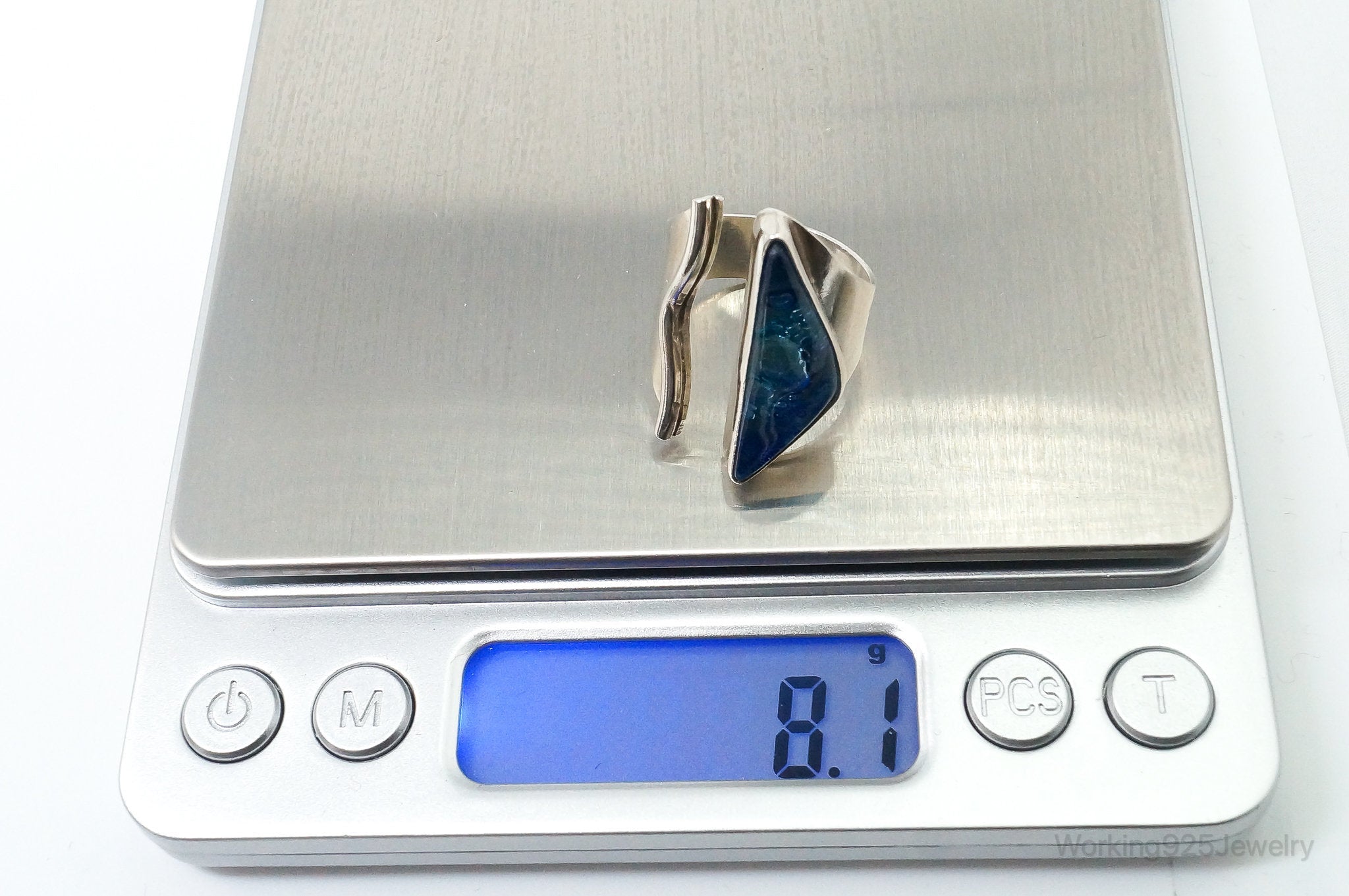 Vintage Blue Dichroic Glass Modernist Sterling Silver Wrap Ring SZ 8.25