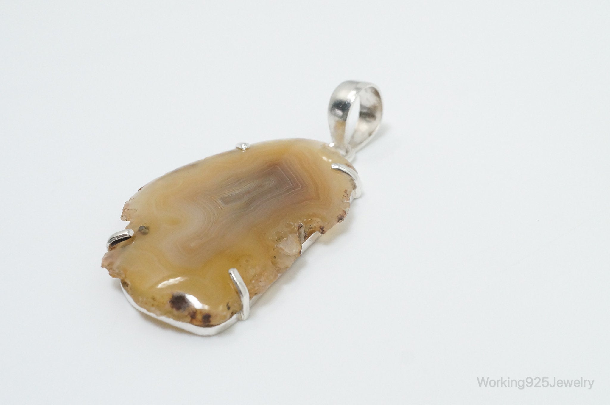 Large Vintage Brown Crazy Lace Agate Sterling Silver Necklace Pendant