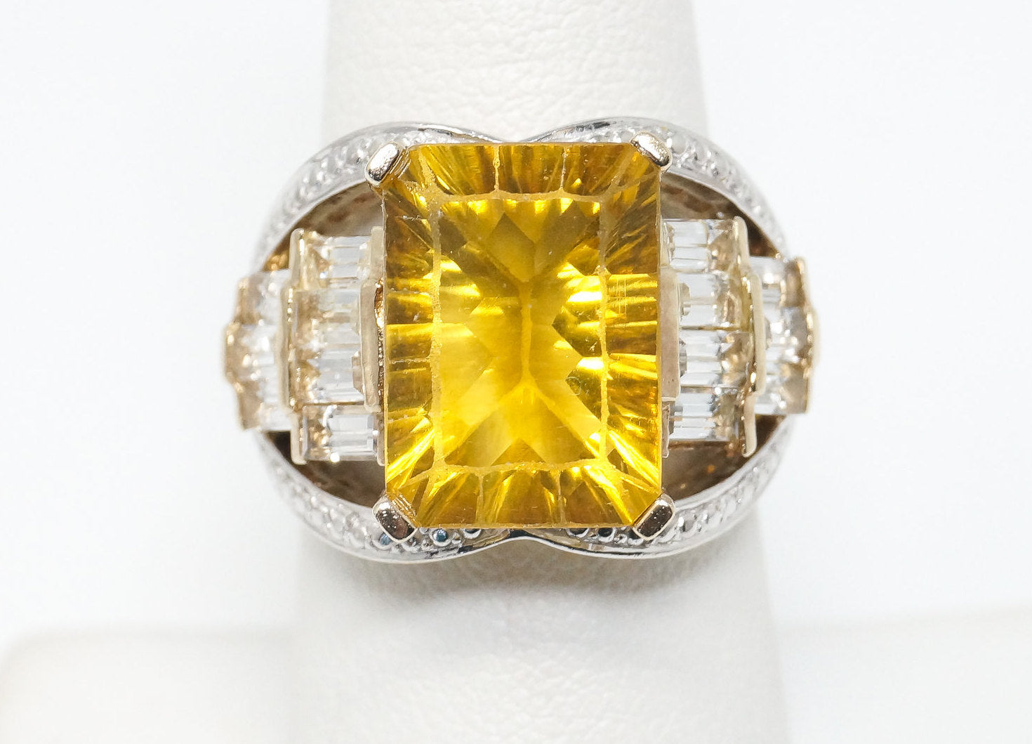 Vintage Art Deco Large Citrine CZ Gold Vermeil Sterling Silver Ring - Size 7