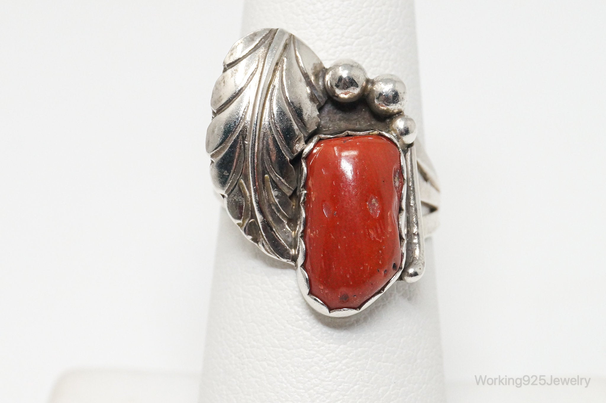 Vintage Handmade Native American Coral Feather Sterling Silver Ring - SZ 6.5