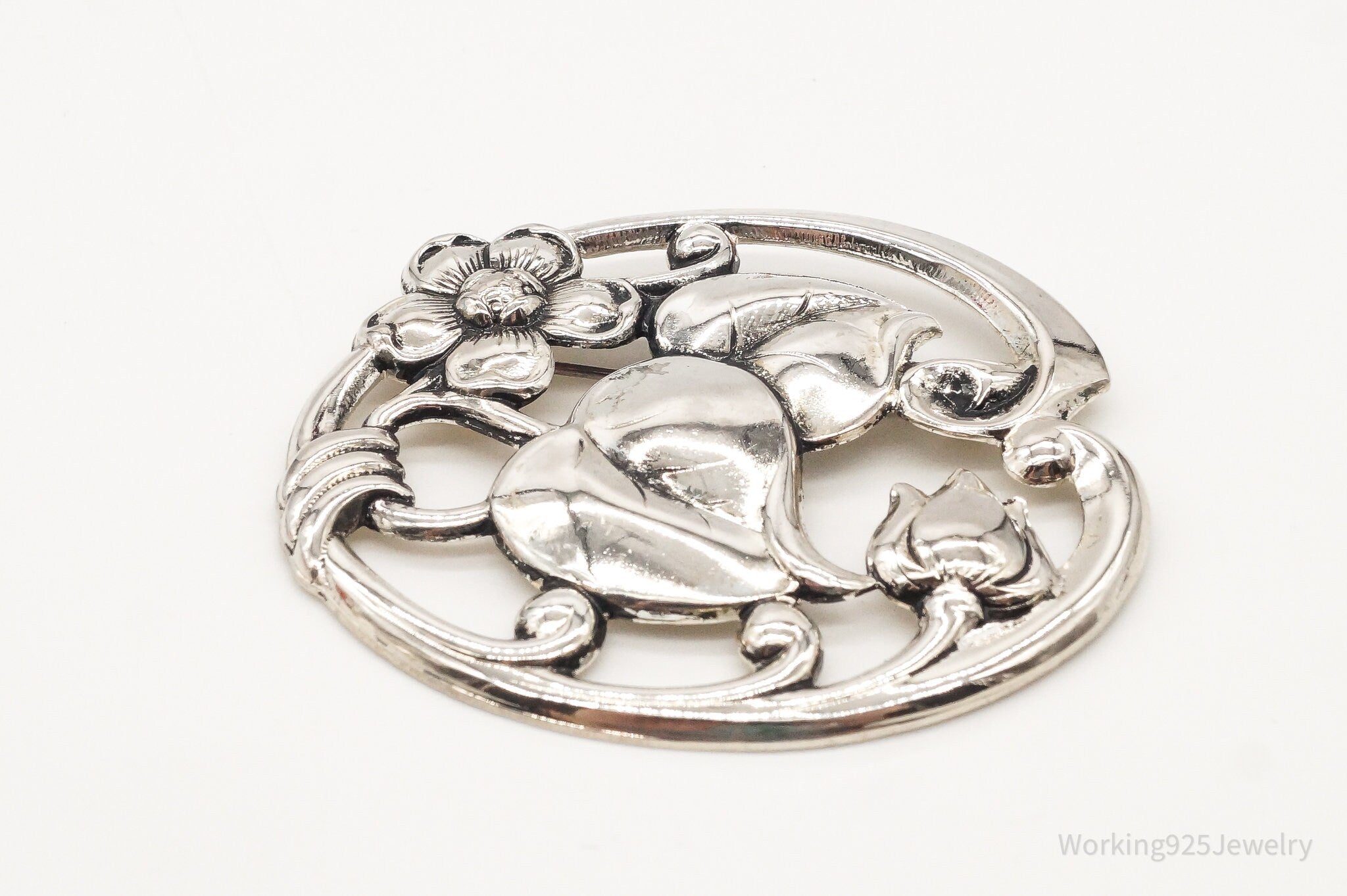 Antique Designer Silverman Bros Large Sterling Silver Floral Pin Brooch