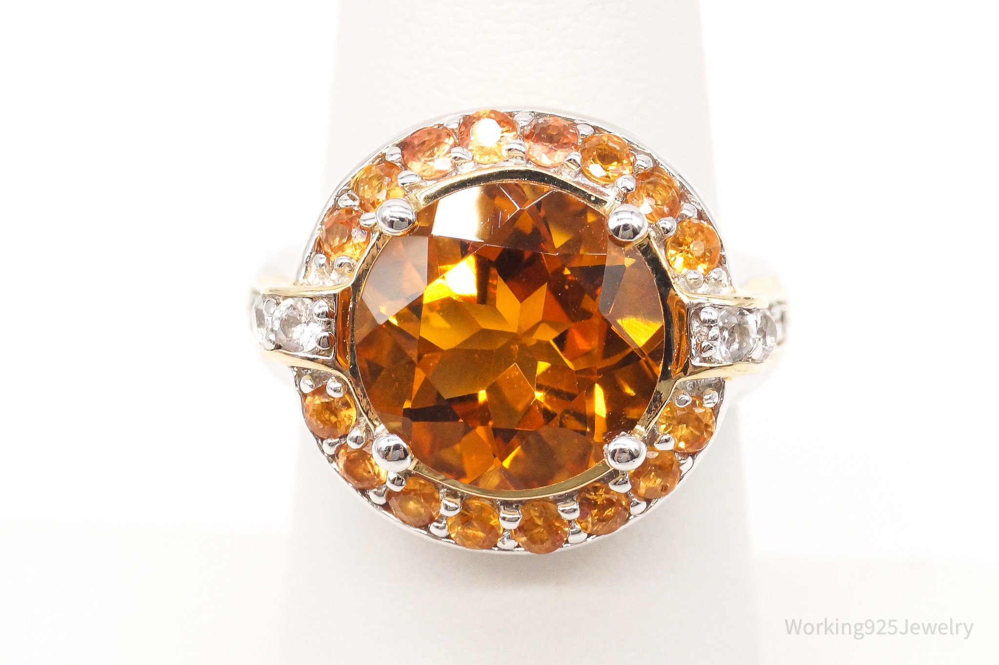 Large Citrine Cubic Zirconia Gold Vermeil Sterling Silver Ring - Size 6