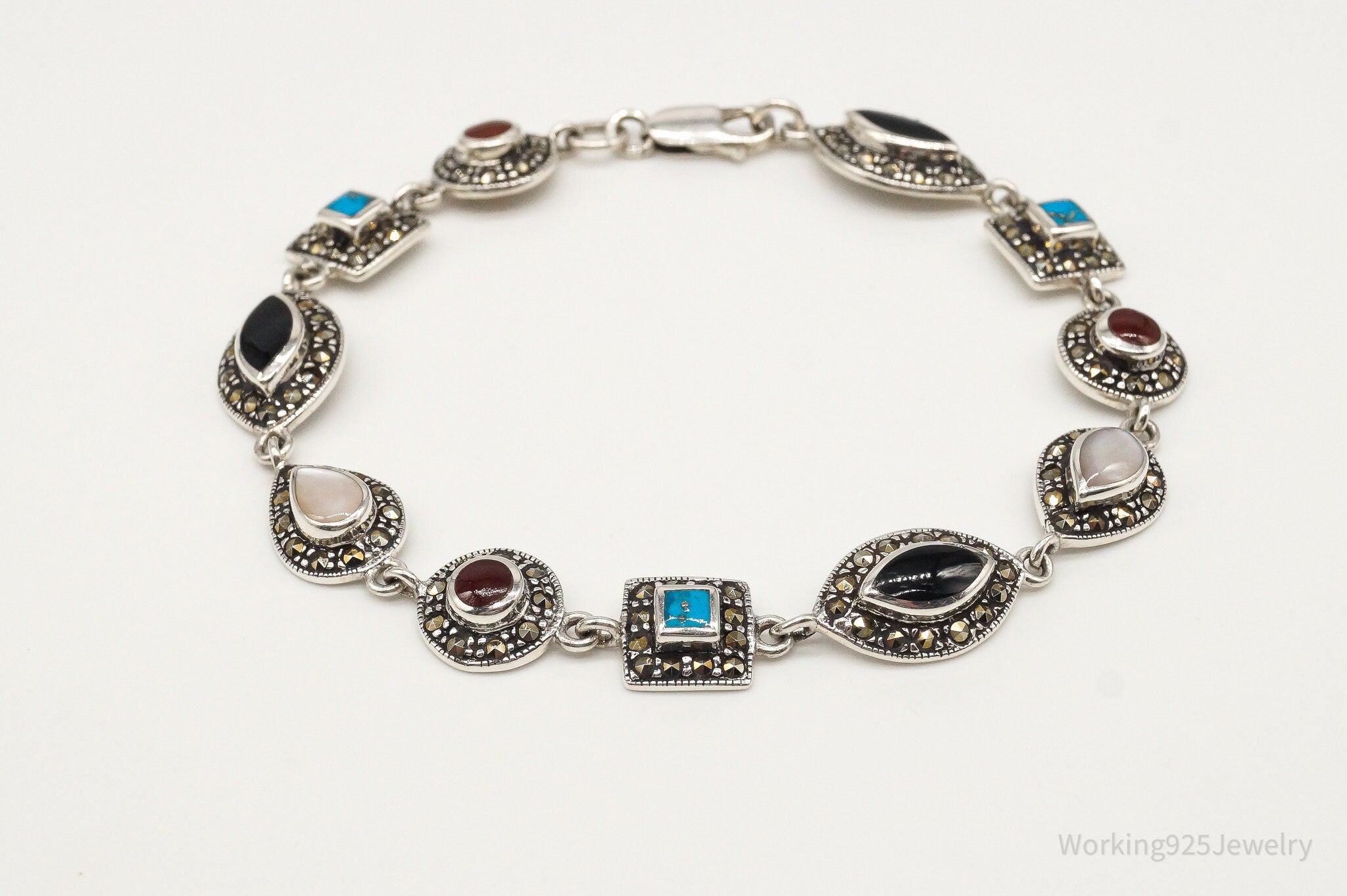 Vintage Art Deco Multiple Gemstone Sterling Silver Bracelet