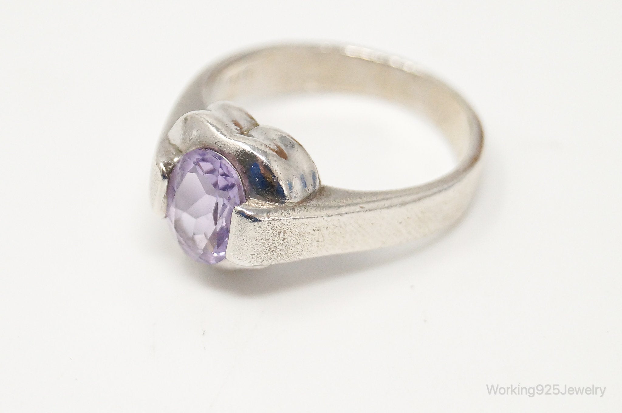 Vintage Amethyst Modernist Style Sterling Silver Ring Size 7