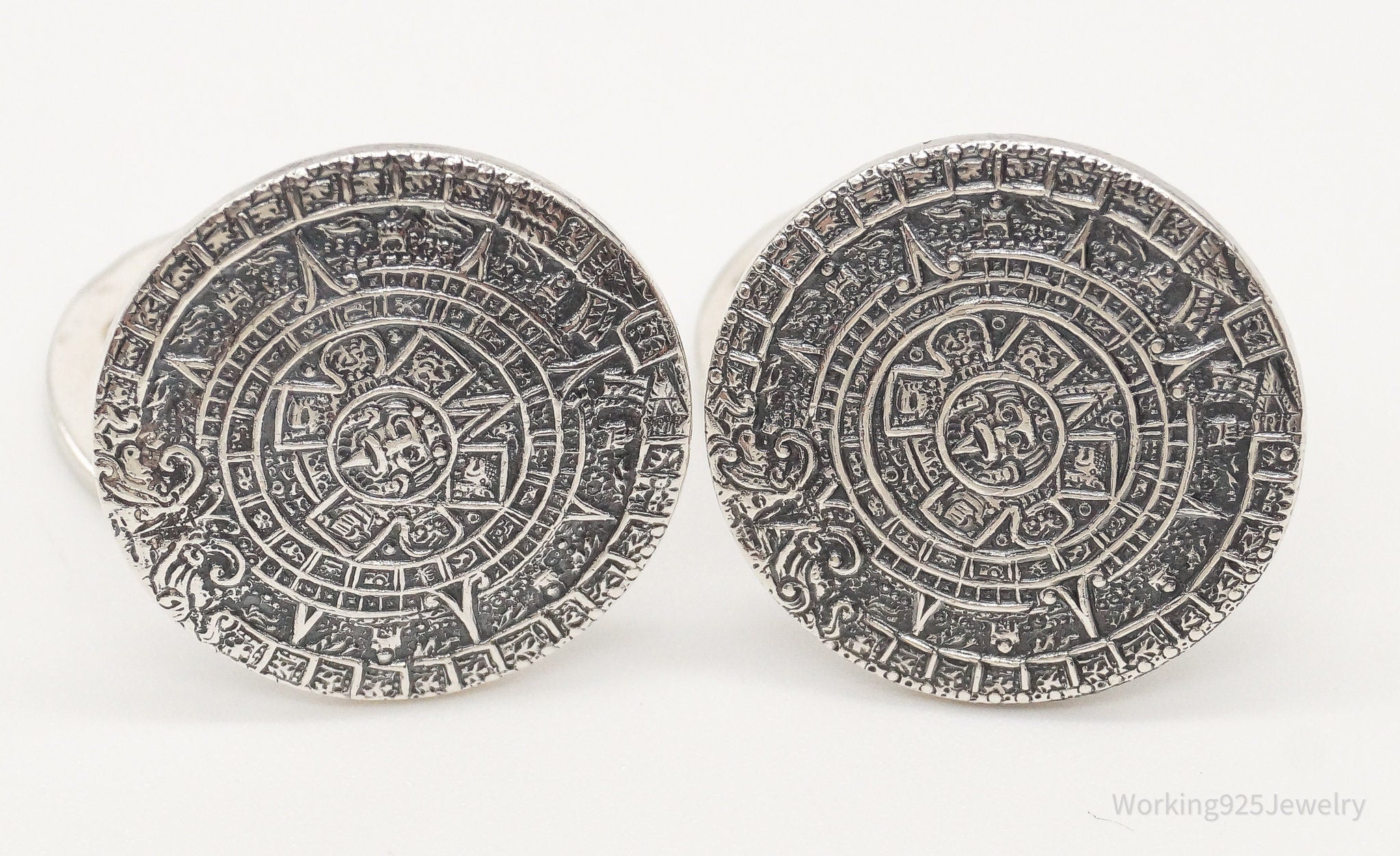 Large Vintage Mexico Mayan Calendar Sterling Silver Cufflinks