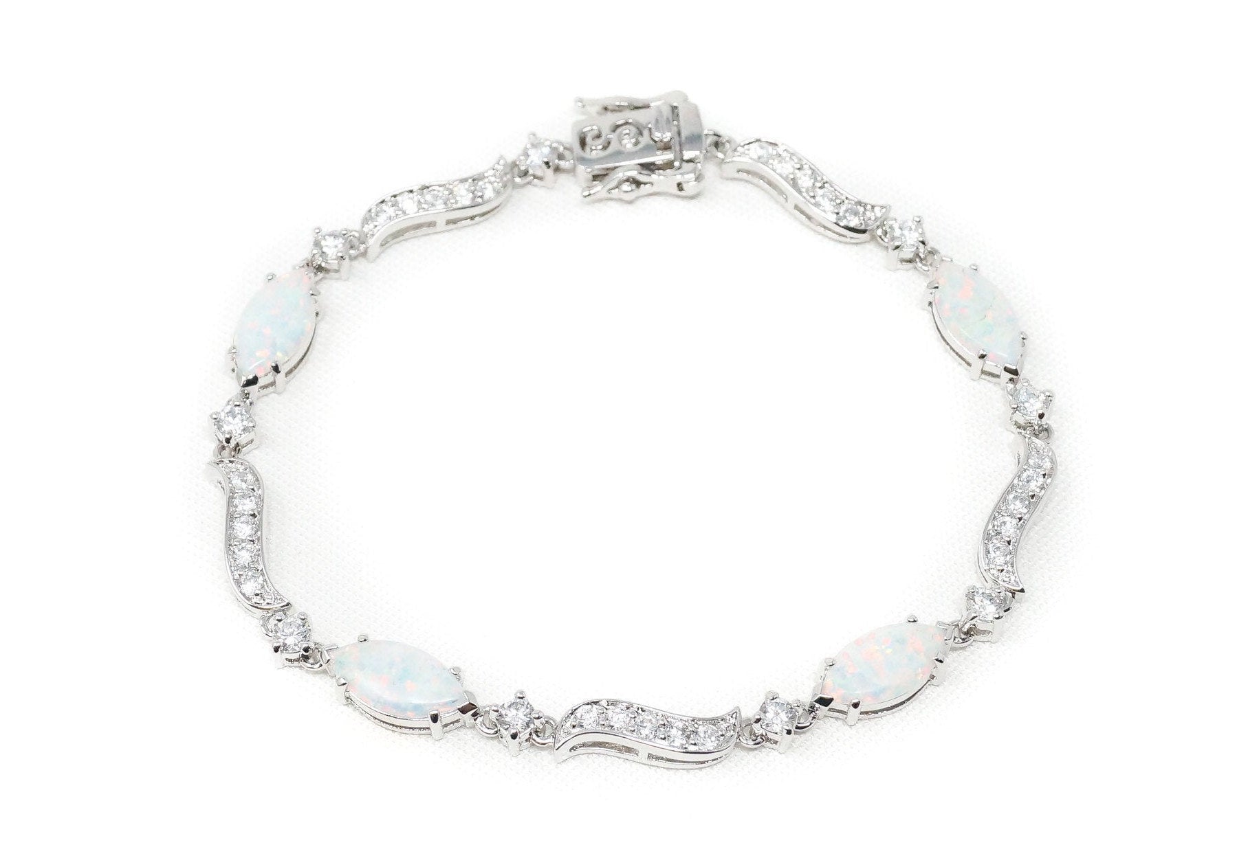 Vintage Art Deco Mid Century Opal Cubic Zirconia Sterling Silver Tennis Bracelet