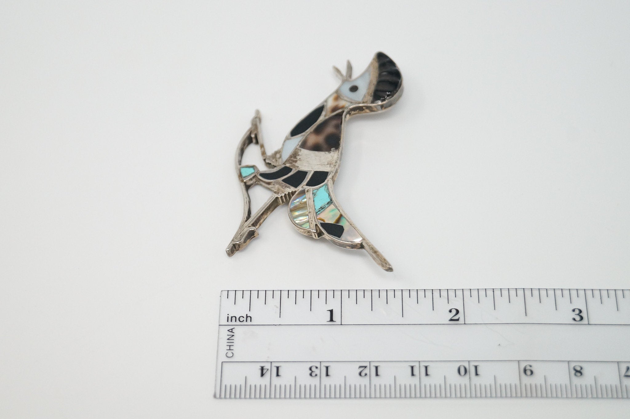 Vintage Handmade Native American Unsigned Roadrunner Sterling Silver Brooch Pin