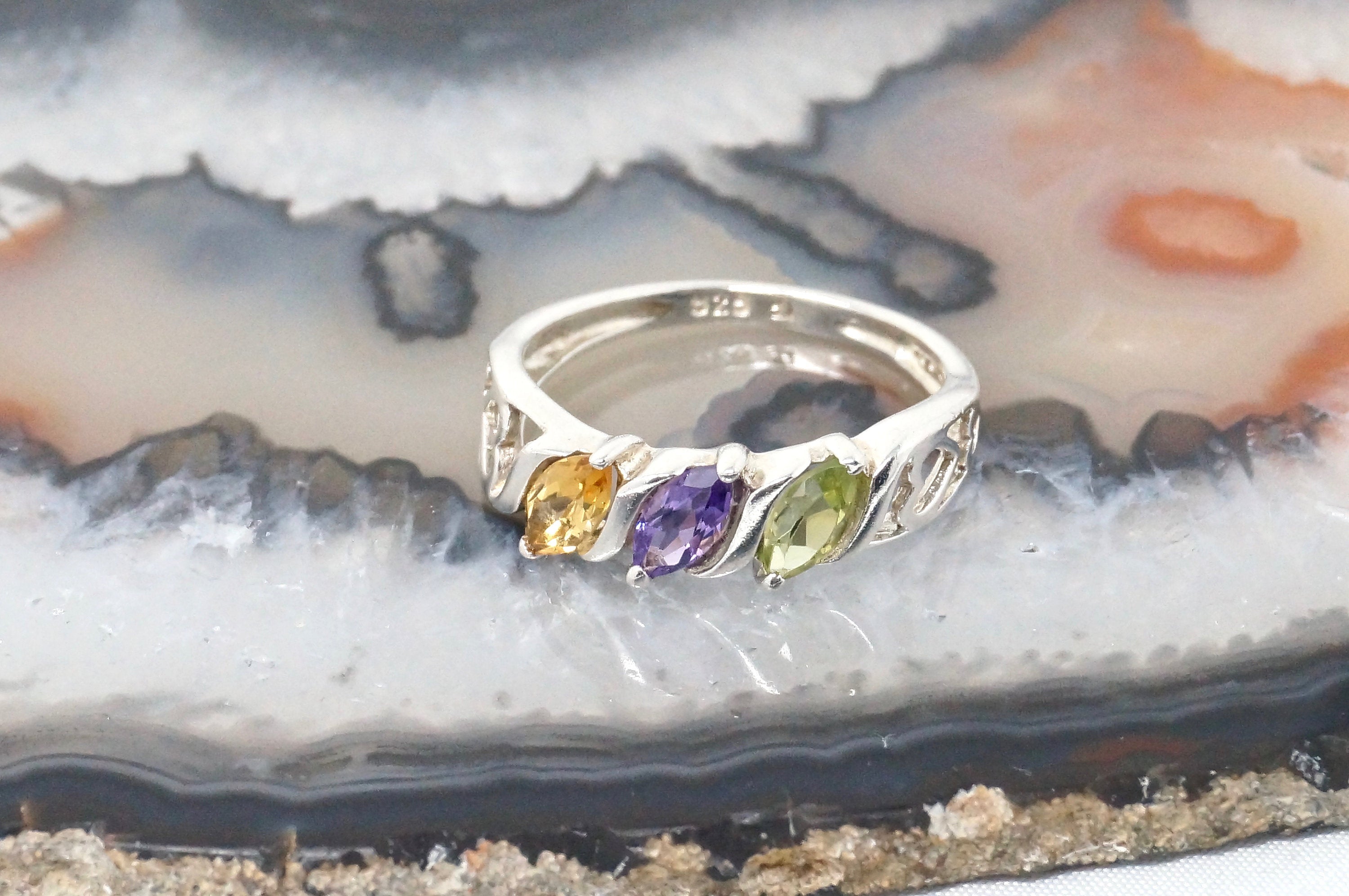 Vintage Amethyst Peridot Citrine Heart Cut Out Design Sterling Silver Ring Sz 6