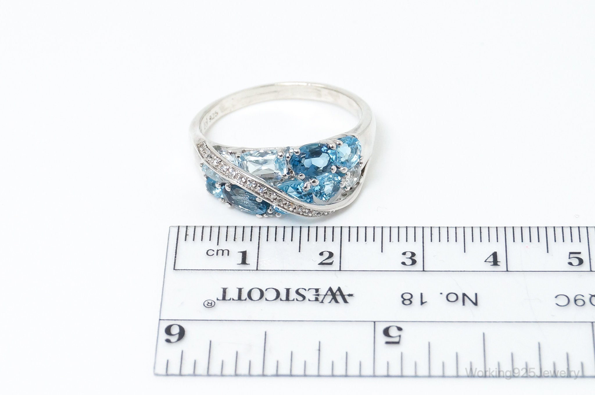 Vintage Blue Topaz Cubic Zirconia Sterling Silver Ring - SZ 10.75