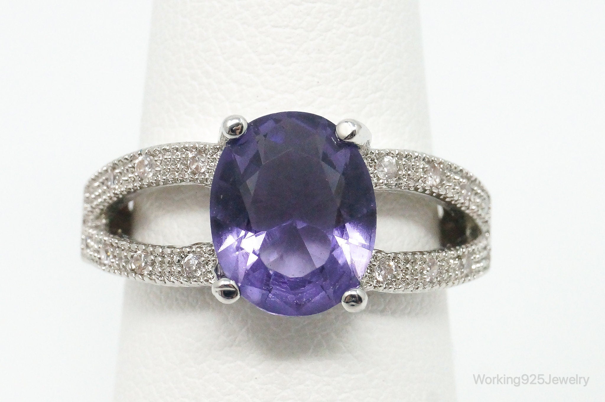 Vintage Amethyst Cubic Zirconia Sterling Silver Ring - Size 6.25