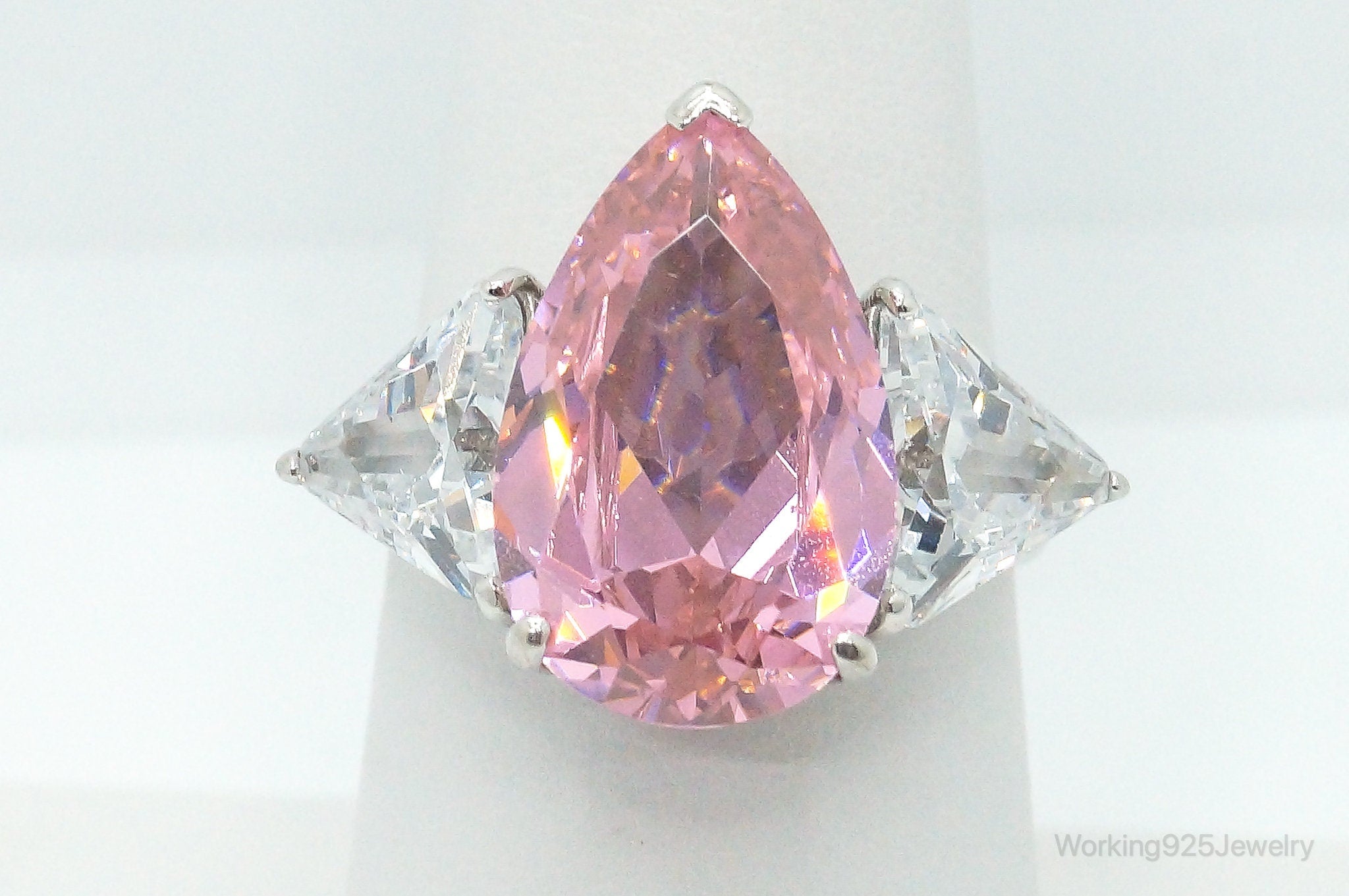 Large Pink Topaz & Cubic Zirconia Sterling Silver Ring - Size 7.25