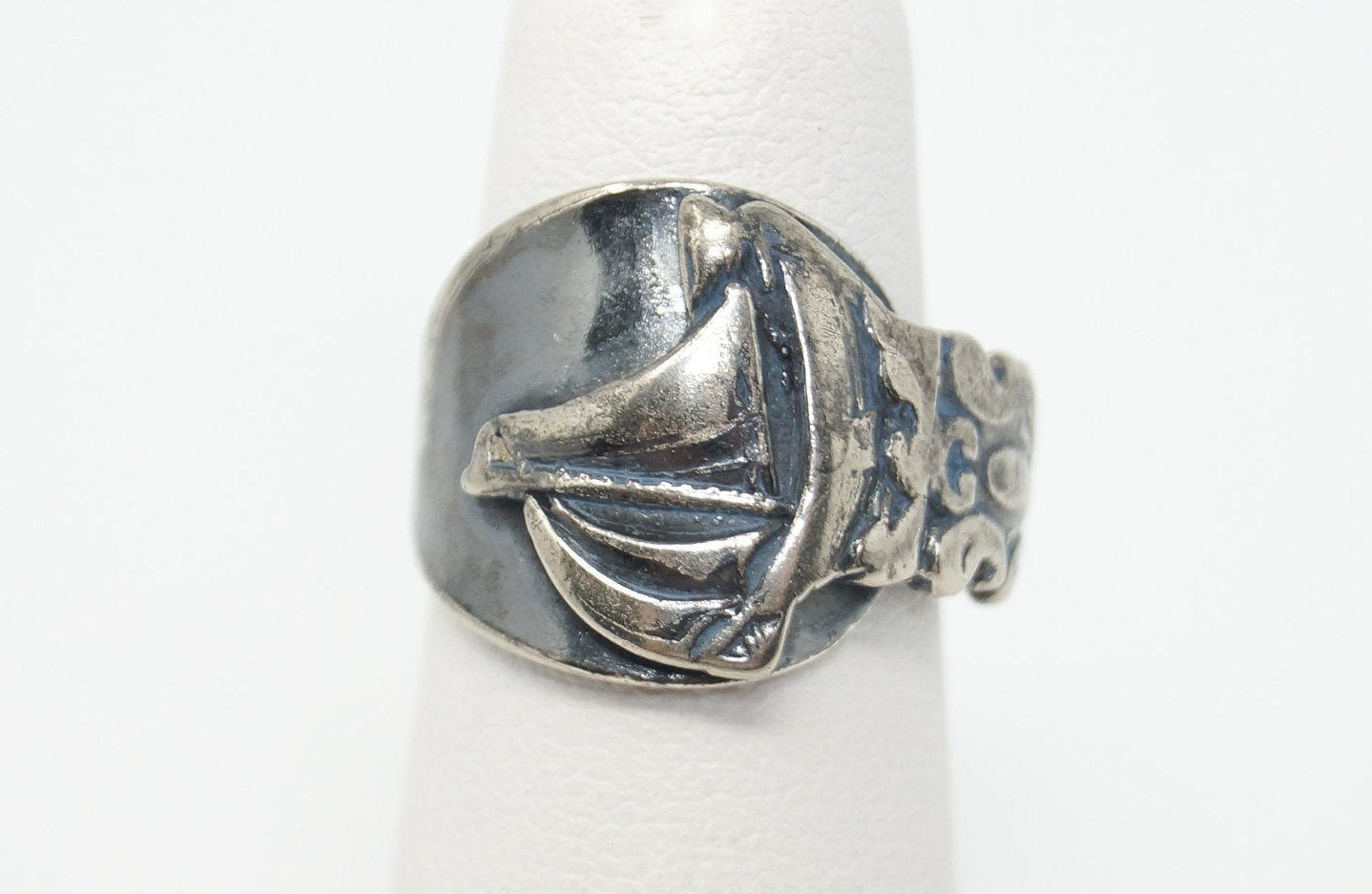 Antique Oxidized Sail Boat Look Sterling Silver Wrap Spoon Ring - Size 3.5